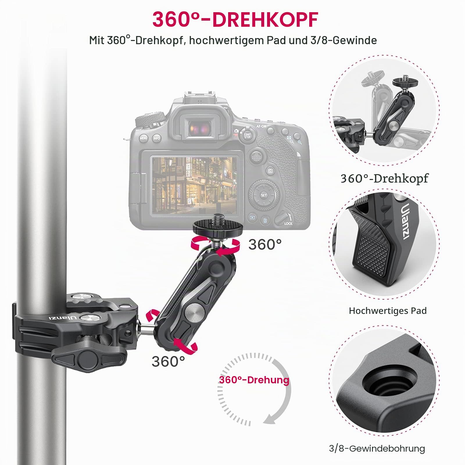 ULANZI R094 Super Clamp Crab mit 360° Doppelkugelkopf – Universelle Klemmhalterung für Kameras, LED-Videoleuchten & Stabilisierungssysteme (Ronin-M/MX, MOVI)
