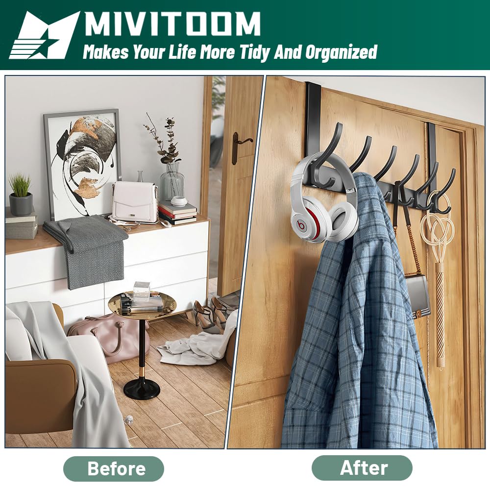 MIVITOOM Over Door Hanger with 6 Hooks, 39 cm (15.6") L and 11 cm (4.3") W Door Hanger Storage for Coats Hats, Bags, Clothes - Image 3