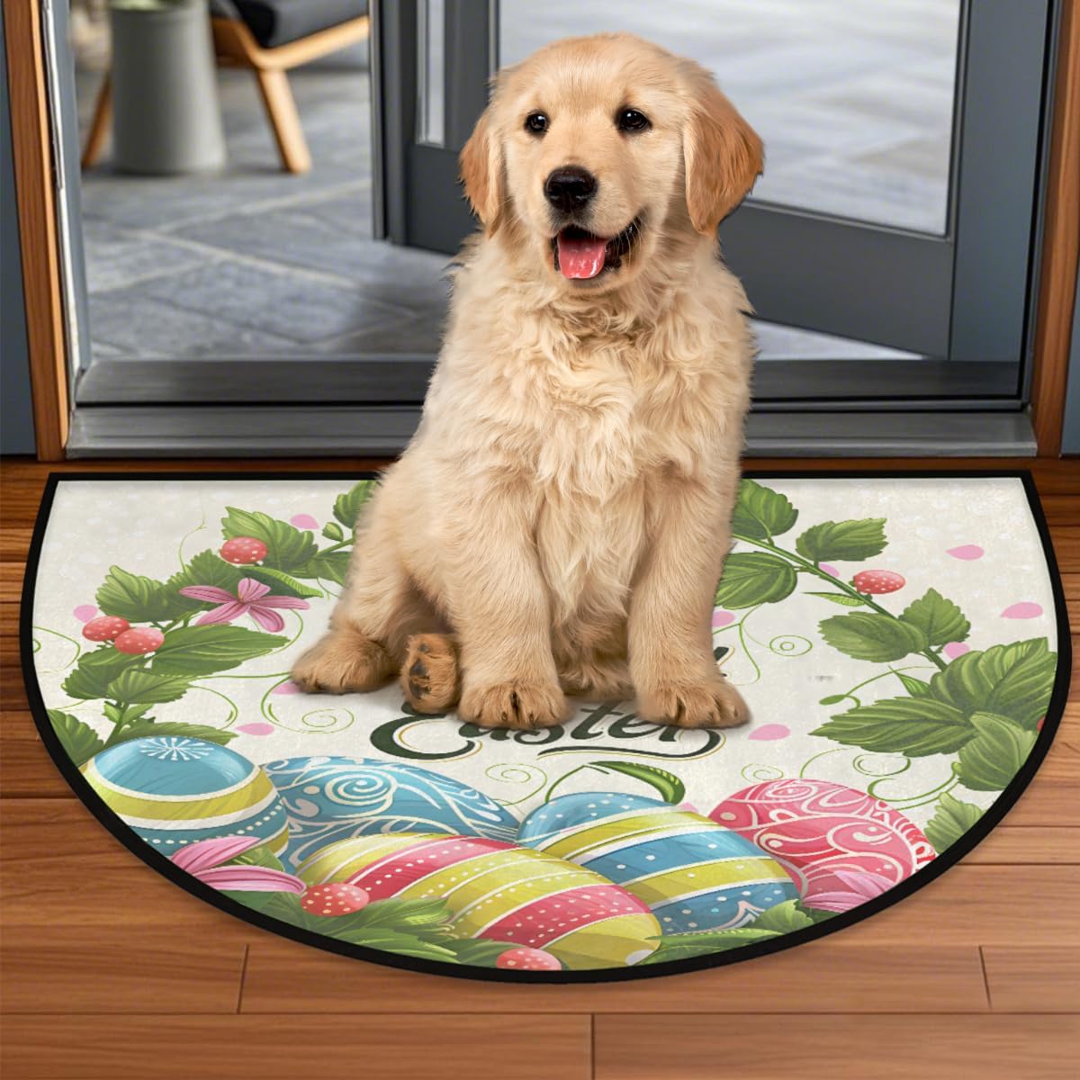 Happy Easter Eggs Flower Greens Half Round Door Mat Non-Slip Welcome Entryway Soft Area Rug Absorbent Bathroom Rugs Wear Resistant Indoor Kitchen Mats 24 x 36 in for Home Deck Patio Garage