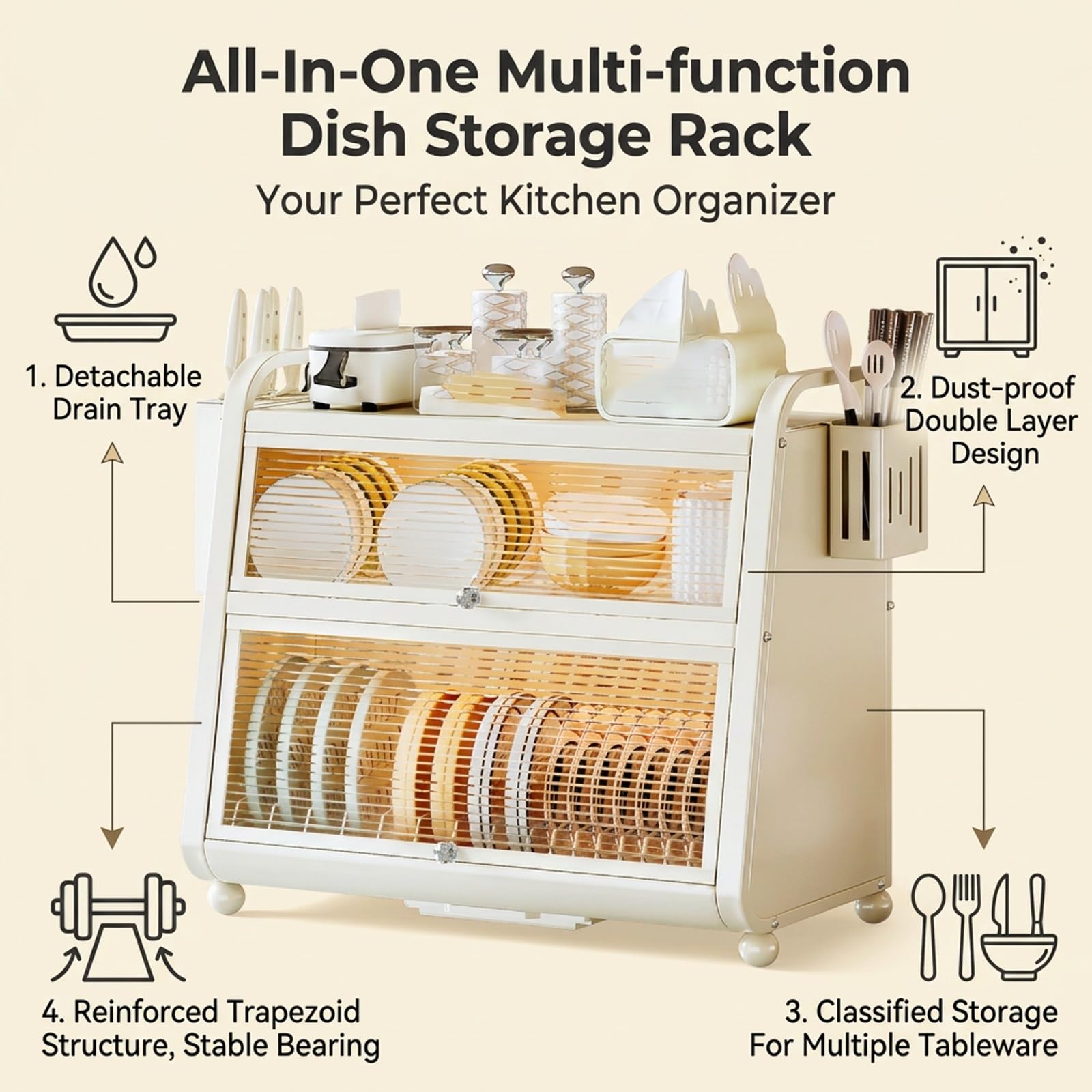 Escurridor de platos de 2 niveles con organizador de cocina y bandeja