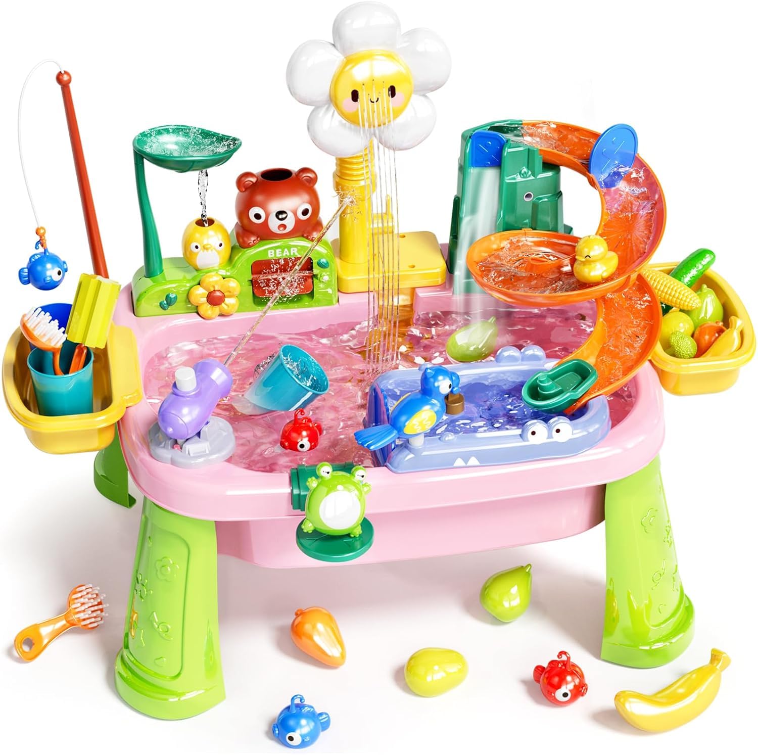 DUDUPIE Water Table for Toddlers 1-3, Kids Electric Play Sink with Running Water, Removable Table Legs, 180° Rotating Faucet for Park, Nursery, Garden (Pink)