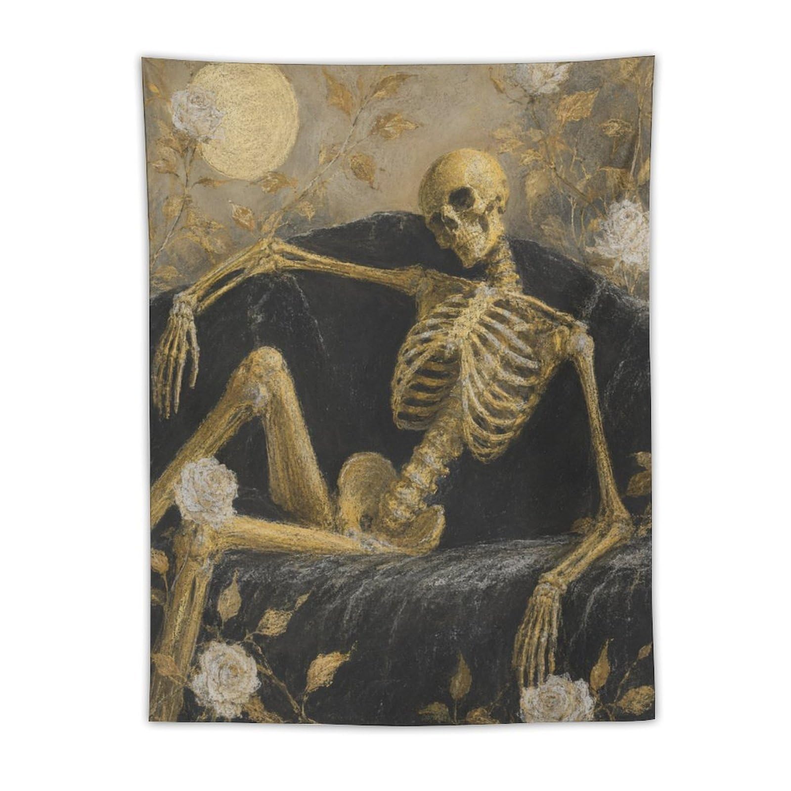 H3B8U2Y5 Skeleton in Coffin Wall Tapestry, Fantasy Illustration