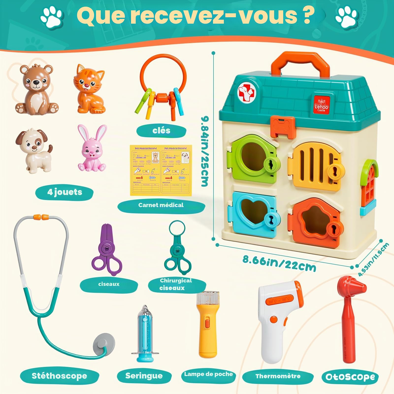 Lehoo Castle Malette Docteur Enfants, Veterinaire Enfant, Docteur avec Lumière et Son, Jouet Fille 3 Ans, Cadeau Enfant 3 Ans