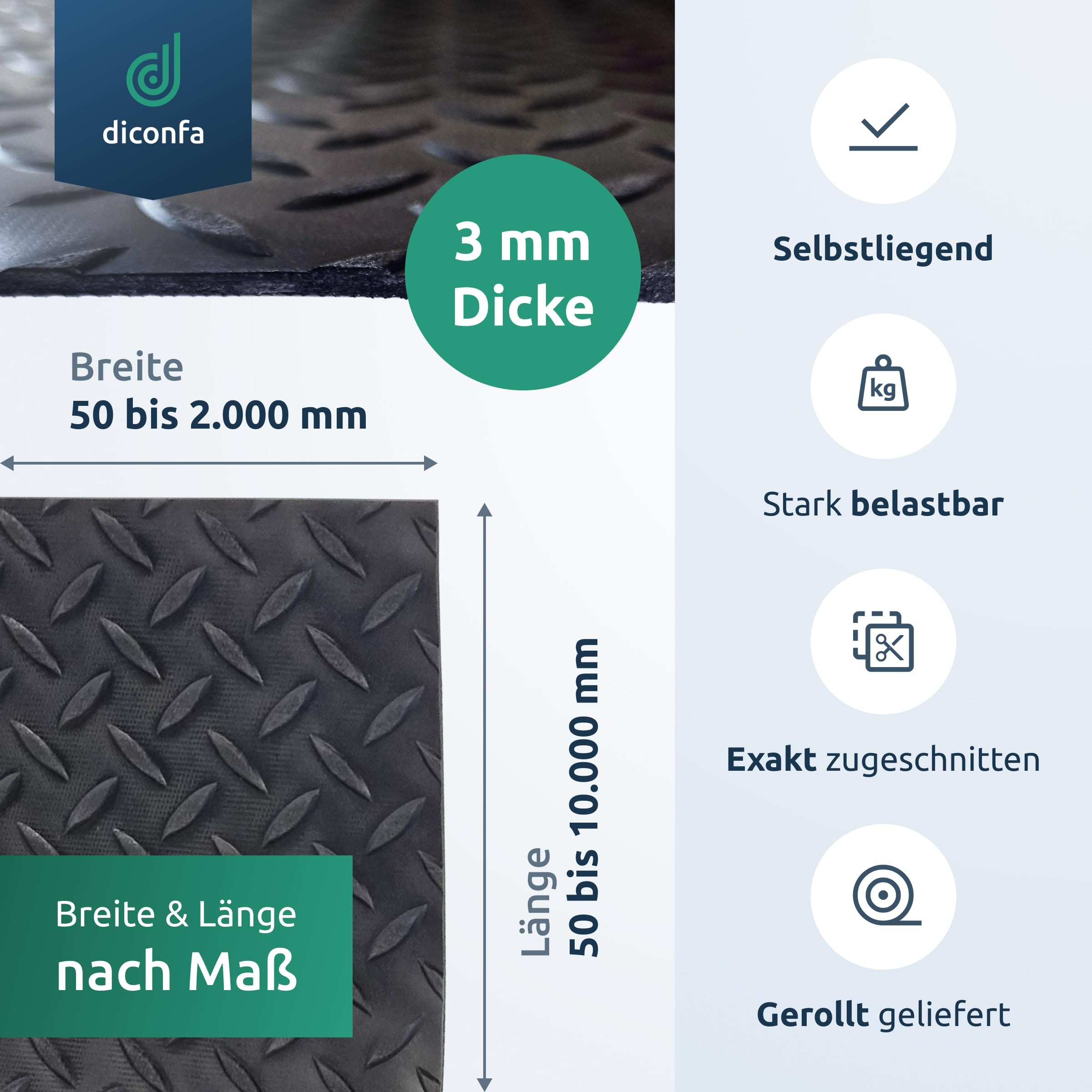 diconfa Gummimatte Diamant Tränenblech 3mm dick - BREITE 0,1m bis 2m - LÄNGE 0,05m bis 10m - Auswahl 2m (2000mm) x 3m (3000mm) - Meterware Gummimatten Antirutsch Matte Gummiläufer Unterlage
