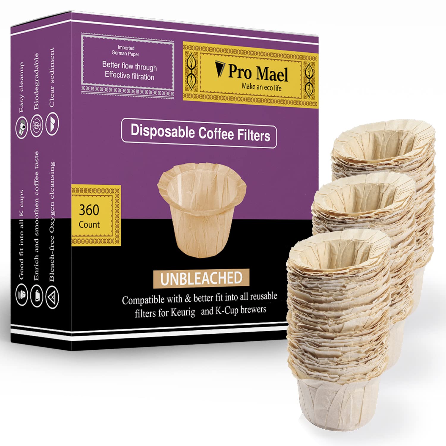 Pro Mael 360 Count Disposable K Cup Filters, Coffee Filter Paper for Keurig Brewers Single Serve 1.0 and 2.0, Use with Reusable K Cup Pods (Natural Unbleached)
