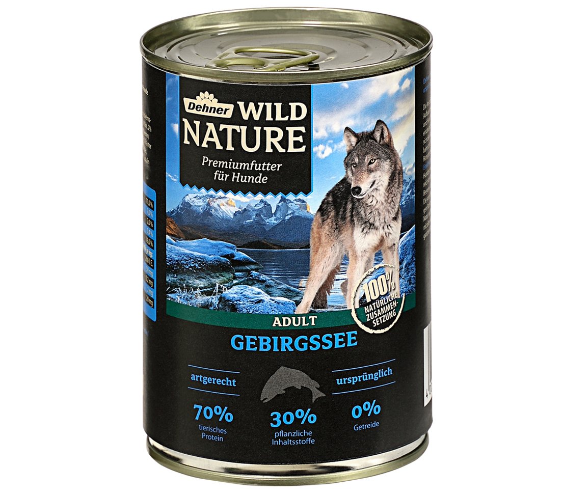 Dehner Wild Nature - Comida húmeda para Perros, sin Cereales, sin azúcar, para Perros Adultos, salmón y Pollo, 6 latas de 400 g (2,4 kg)