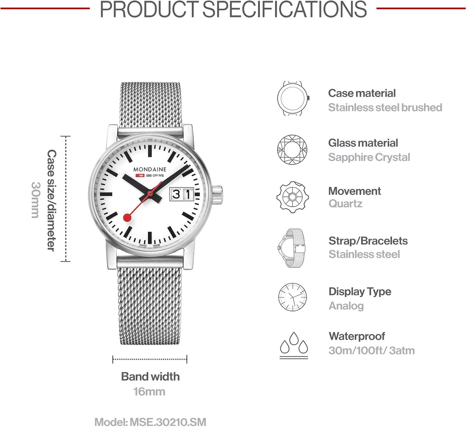 Mondaine Evo2 - Orologio in Acciaio Inossidabile per Donna, MSE.30210.SM, 30MM. Mondaine Evo2 - Orologio in Acciaio Inossidabile per Donna, MSE.30210.SM, 30MM.