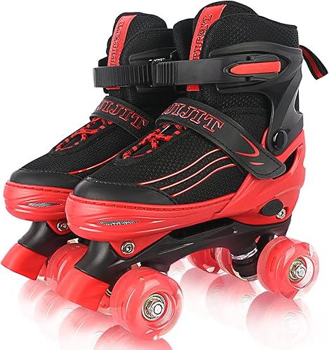 Patines para niños y niñas de 3 a 12 años, 4 tamaños ajustables para niños y adolescentes con ruedas iluminadas, patines rojos cuádruples para