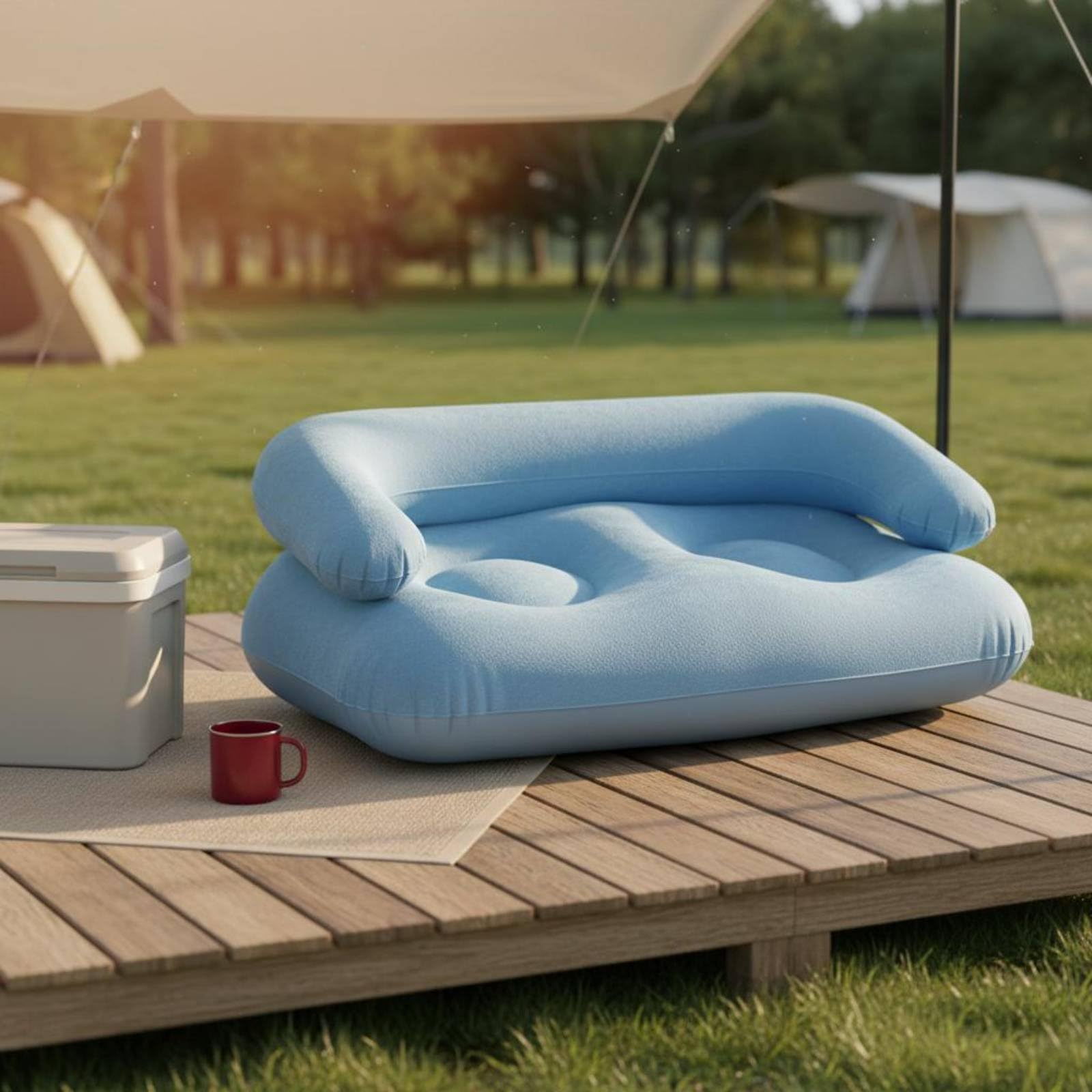 Aufblasbares Sofa Aufblasbare Couch Luftsofa Loungesessel Rückenlehne Und Armstützen aus PVC mit Sanfter Beflockung für Rasches Aufpumpen Und, Rot, Doppelte OPP-Tasche