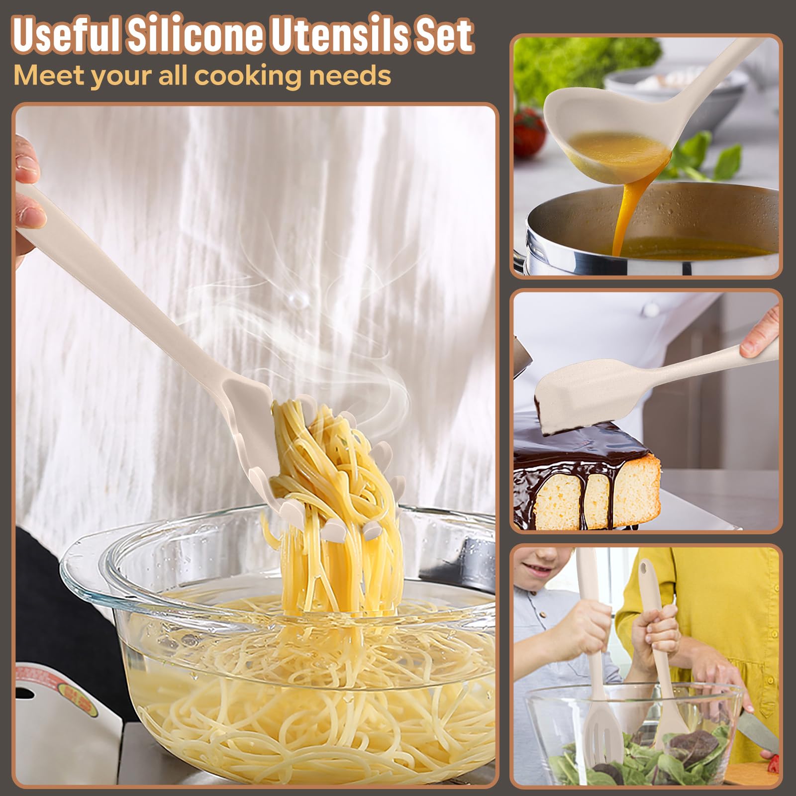 E-far Juego de utensilios de cocina de silicona, 7 piezas, caqui