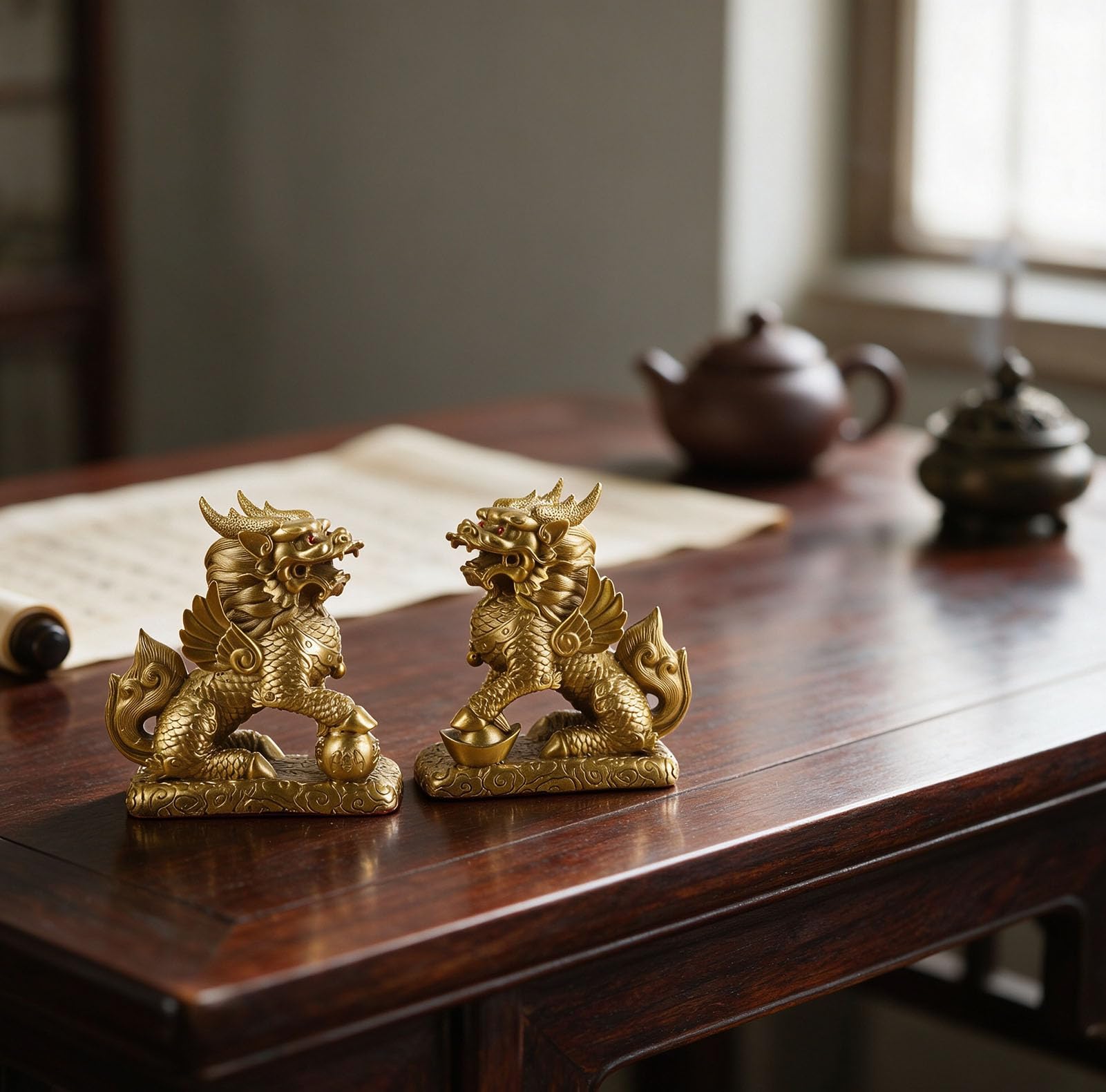 Para mosiężnych posągów Chi-Lin Kylin - figurki chińskiego bogactwa Kirin | Ozdoby i posągi Feng Shui do domu i biura, rzeźba dobrobytu przyciągająca bogactwo, powodzenia
