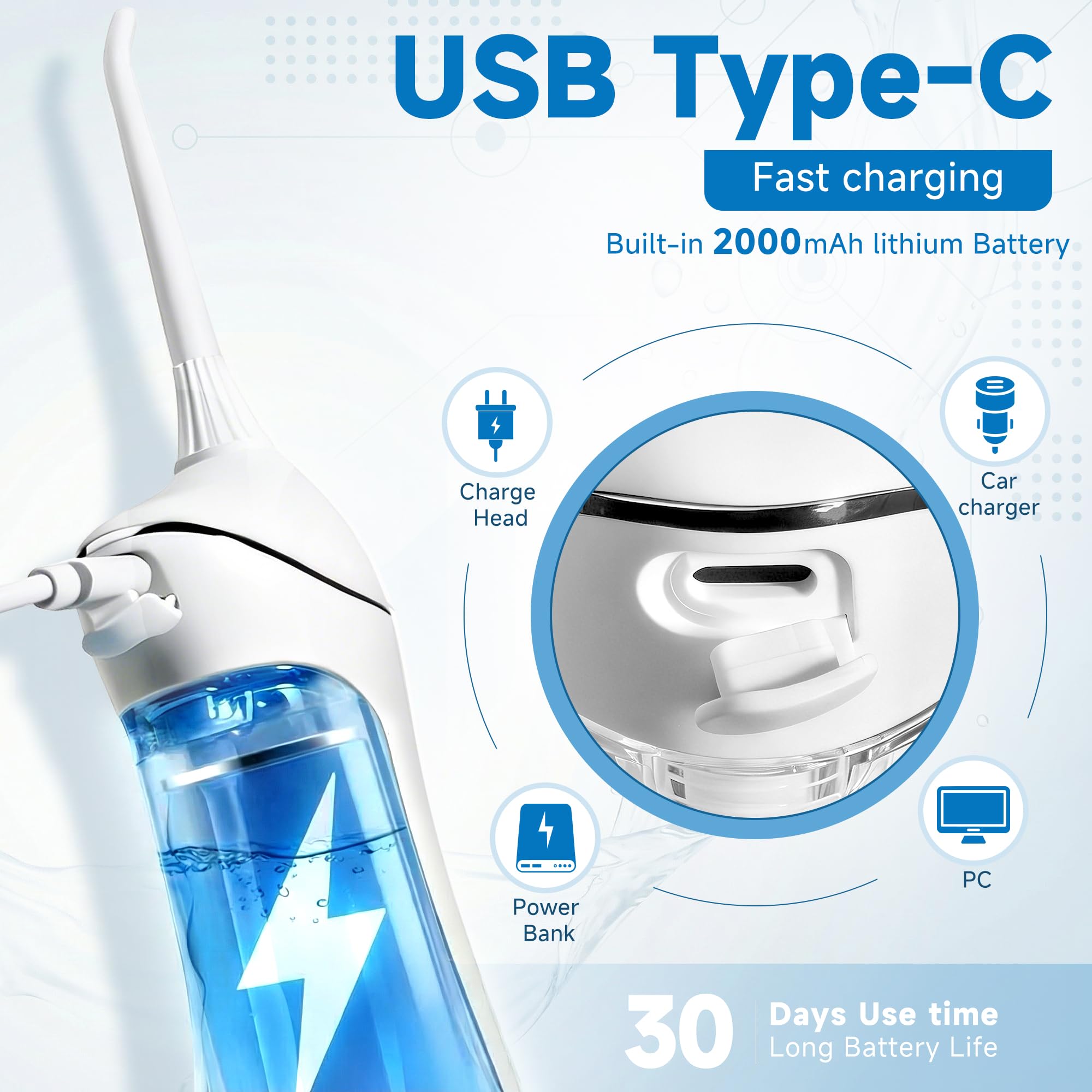 Idropulsore senza fili per la pulizia dei denti e le parentesi graffe, filo interdentale portatile 300 ml, ricarica rapida USB-C, impermeabile IPX7, 4 modalità di pulizia, 5 punte, custodia da viaggio