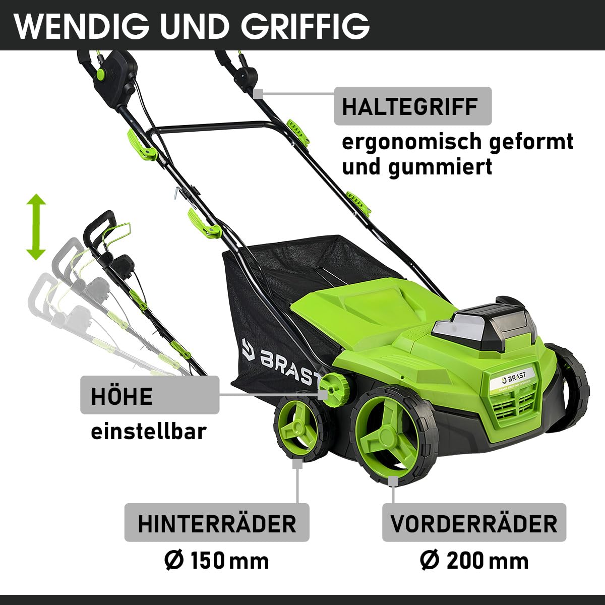 BRAST Akku-Vertikutierer Rasenlüfter 40V | 2x 4,0Ah-Akkus | 38cm Arbeitsbreite | 2in1 Funktion | 5-stufig einstellbare Arbeitstiefe | inkl. Schnellladegerät | 50L Fangsack | für Flächen bis 500 m²