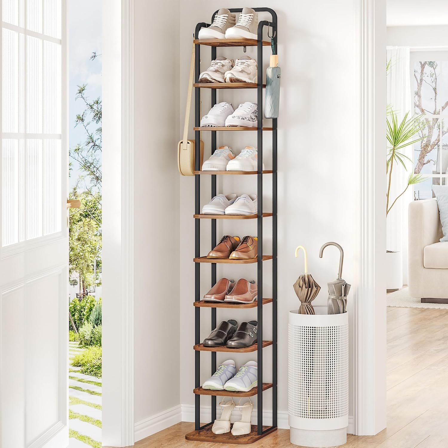 Hzuaneri 10 Tiers Vertical Shoe Rack, Narrow Shoe Tower, Tall Shoes Shelf with 2 Hooks, Adjustable Shelves, Corner Shoes Shelves for Small Spaces, Entryway, Living Room, Rustic Brown SR11201B