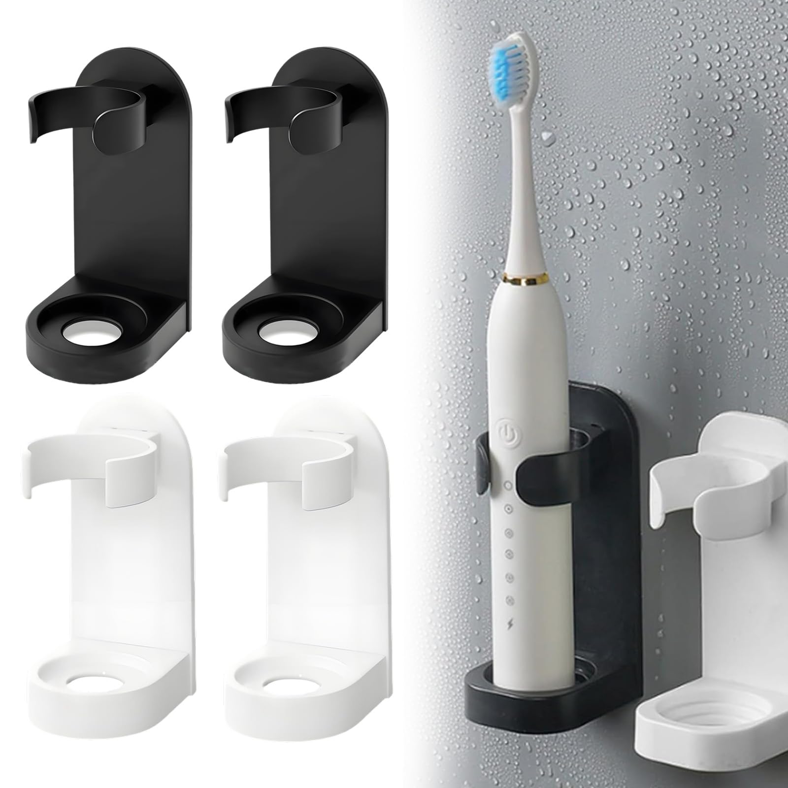 4 Pack Electric Toothbrush Holder, Adhesive Plastic Electric Toothbrush Stand, No Drilling Toothbrushes Wall Holder Toothbrushes Storage Organizer for Bathroom (Black, White)