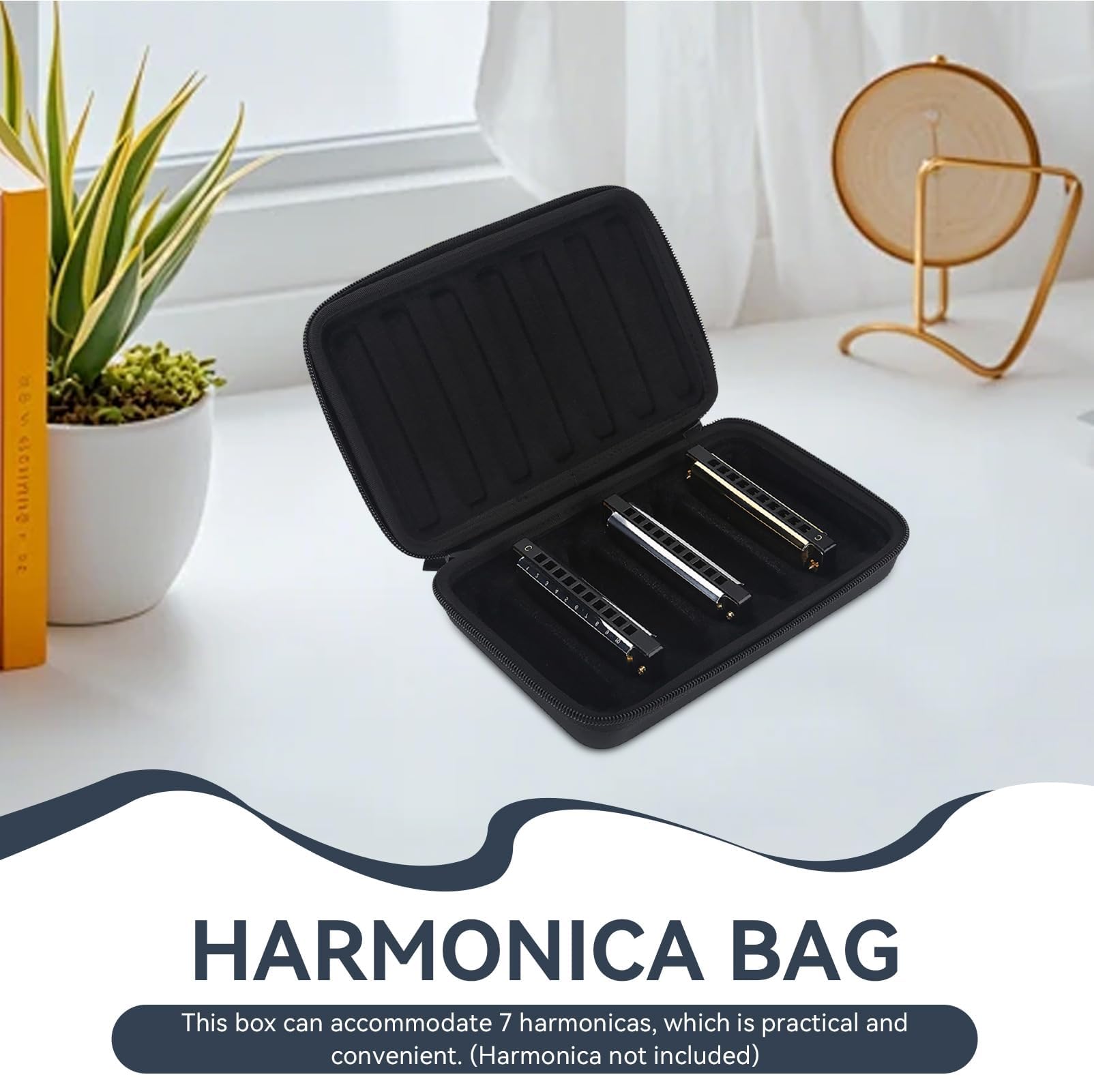 Estuche Para Armónica, 7 Armónicas Harmonica Estuche De Transporte Estuche De Almacenamiento Con Cremallera Para Armónica Negra De Cuero PU Para Armónica de 10 Agujeros