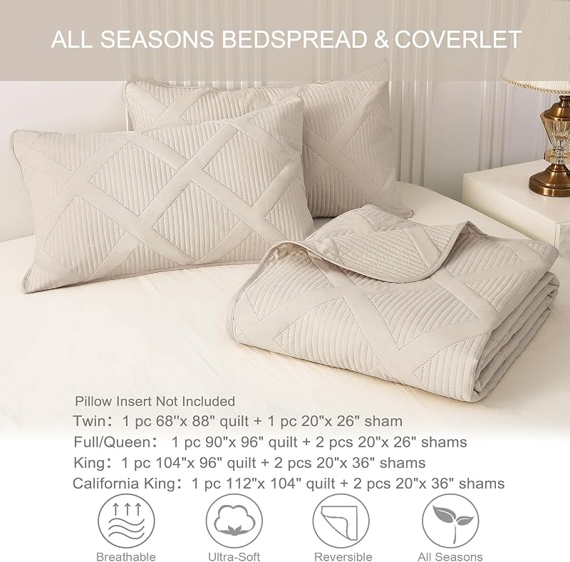 Exclusivo Mezcla 3-Piece Soft Quilts Queen Size Bedding Set, Beige Cream image 6