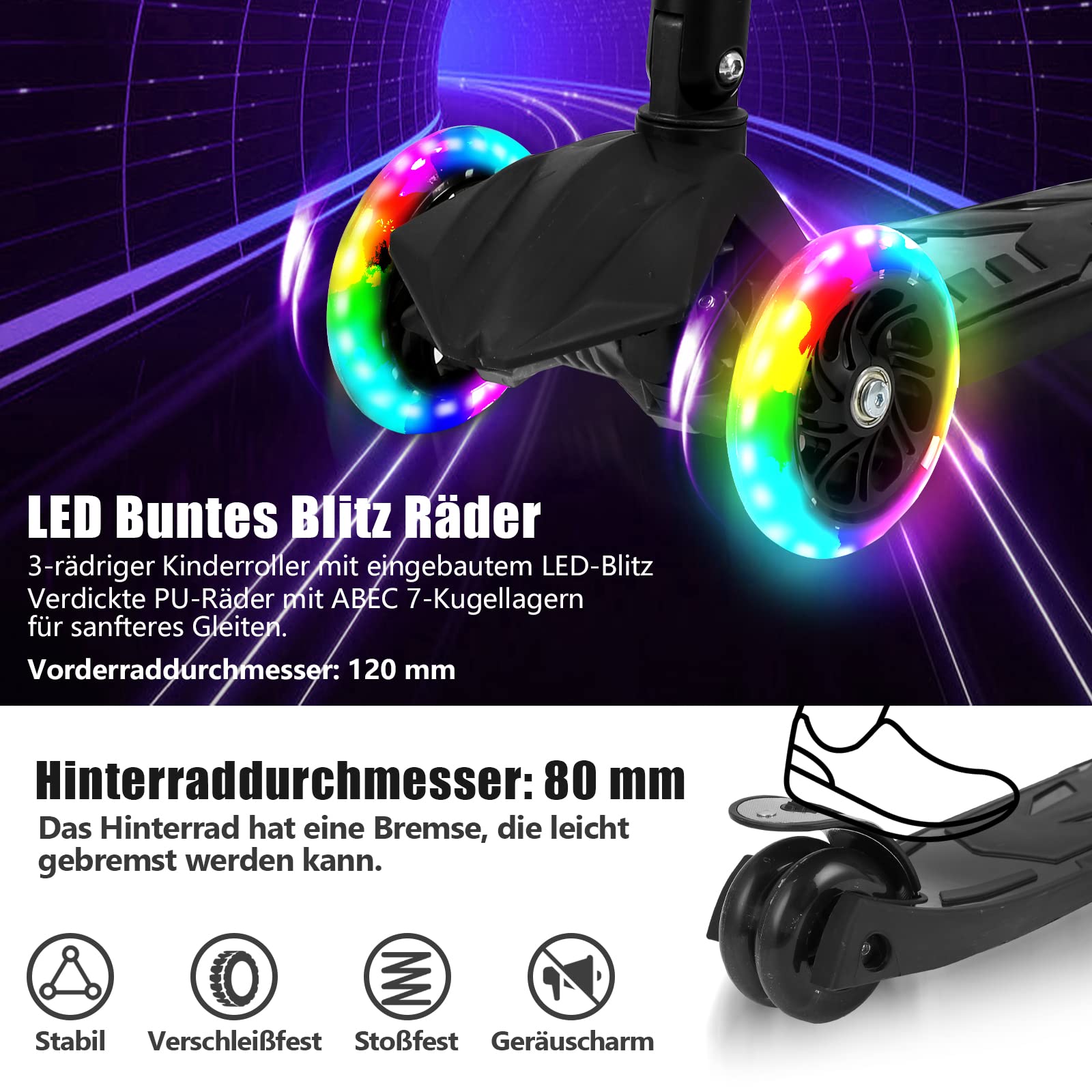 Sonnewelt Trottinette Enfant avec 3 Roues LED,Roues Lumineuses,Hauteur réglable，Amortisseur ShockResist Frein & Pliable Trottinette pour Enfants de 3 à 14 Ans