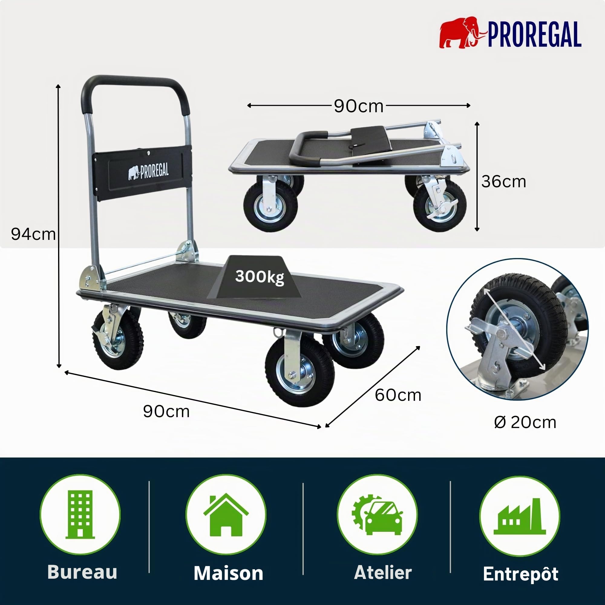 PROREGAL Chariot à Plateforme Professionnel BIG Rhino 300 kg Pliable avec pneus pneumatiques, roulettes pivotantes à 360° et roulettes Fixes avec Frein de stationnement