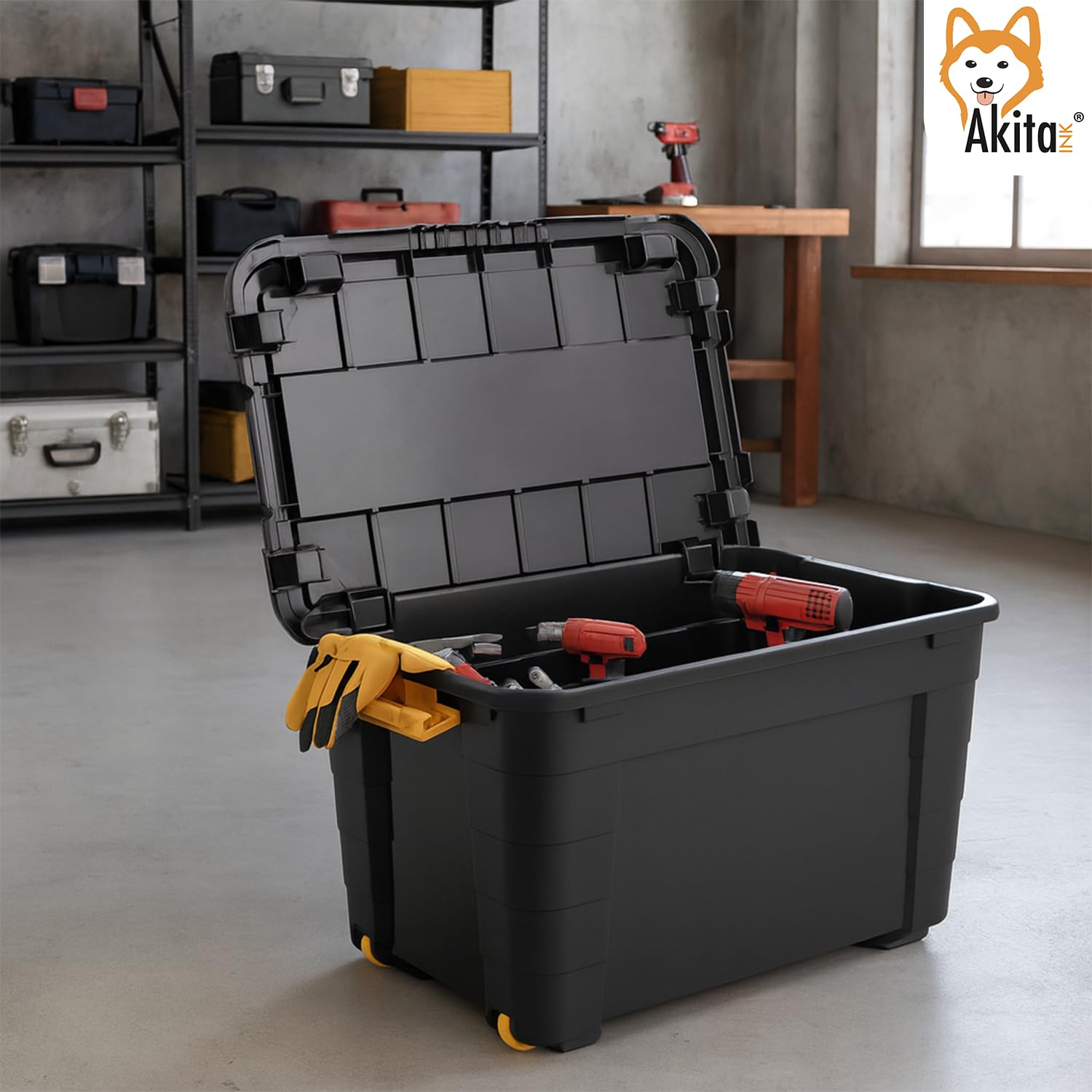 AKITAInk Contenitore Box con Ruote 60L e Coperchio - 39x36x59 cm - Magic 4 Aperture- Scatola Portaoggetti in Polipropilene Resistente, per Casa, Ufficio e Garage, Made in Italy (NERO, 60 L)