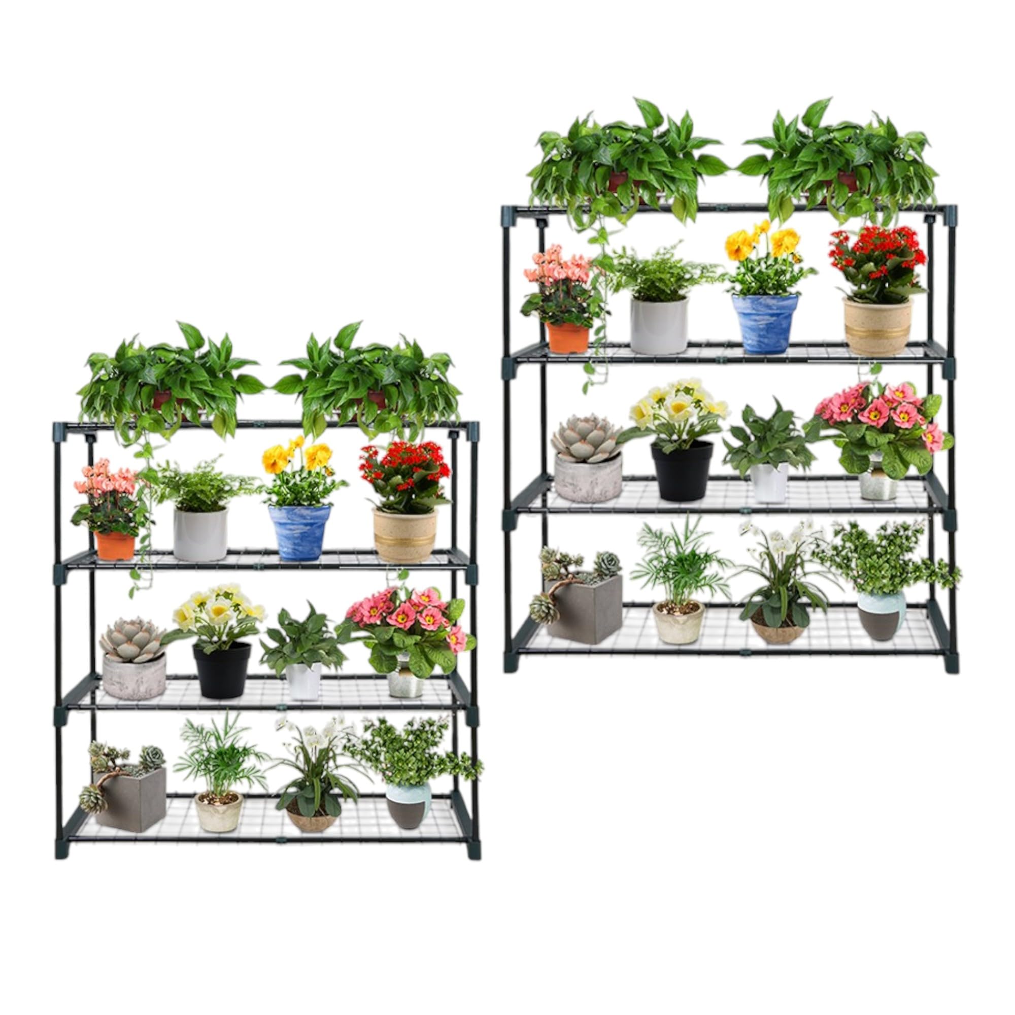 Deejaah Pack of 2 Greenhouse Staging and Shelving 105Hcm x 90W x 28D Cm - 4 Tier Plants Rack Free Standing, Space Saving, Powder-Coated Steel, Outdoor Shelving Unit For Garden, Balconies, Patio