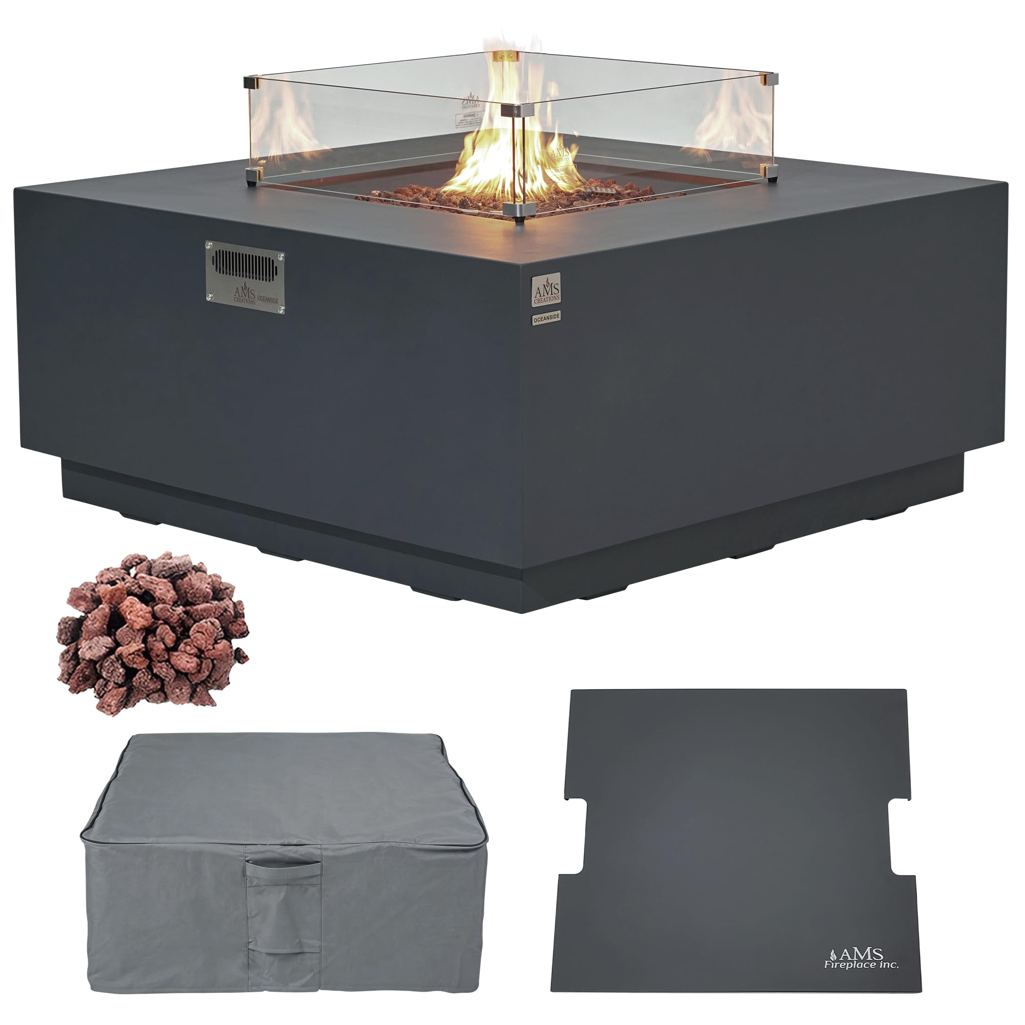 AMS 48" Square Concrete GFRC Propane Gas Fire Pit Table Bundle (Dark Gray)