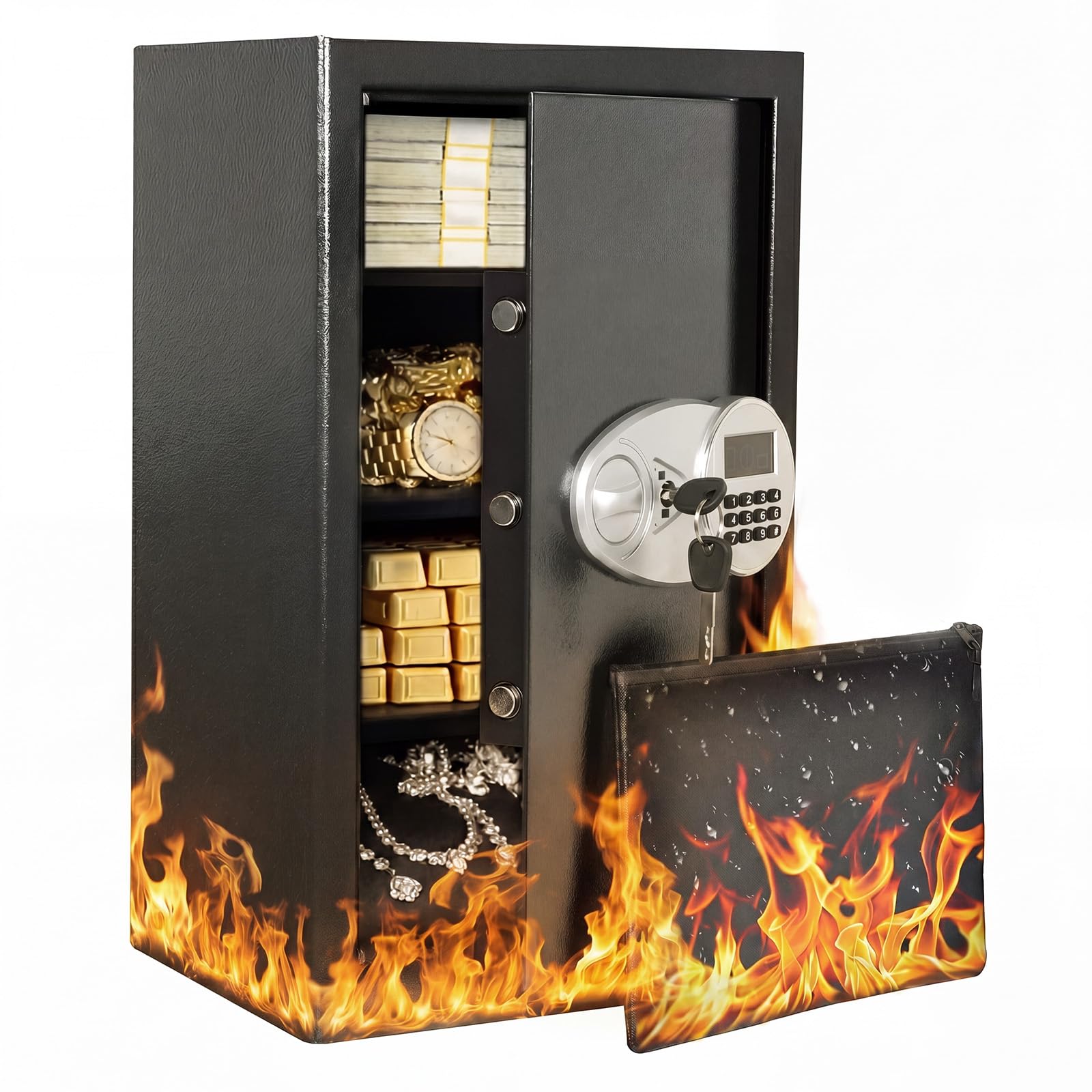 Levede Black 85L Large Fireproof Safe – Security Safe Lock Box With Keys & Alarm, Includes A4 Fireproof Bag For Home/Office, Fire Safe Money Safe For Cash & Jewellery Storage