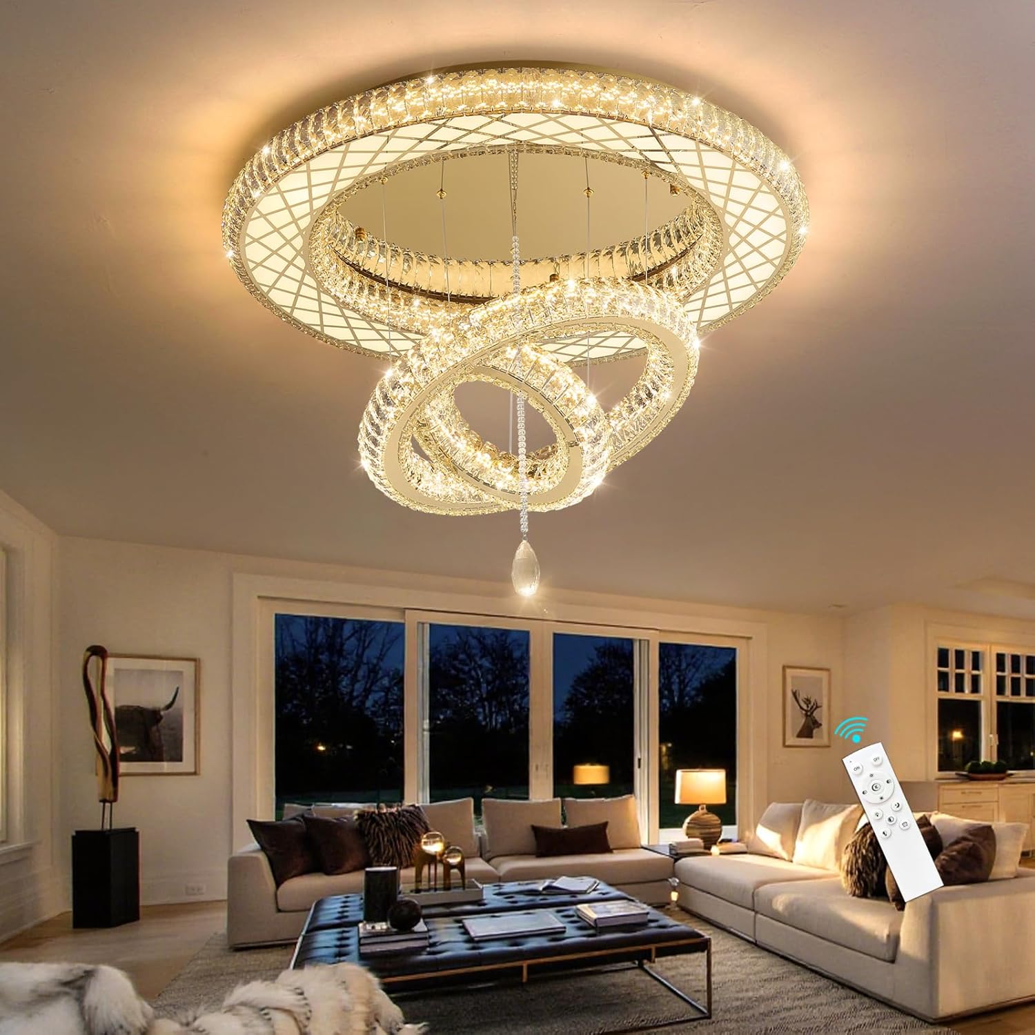 Dia 32" Modern Crystal Chandeliers Dimmable Chandelier 3 Rings LED Flush Mount Ceiling Light for Living Room Dining Room Bedroom Gold