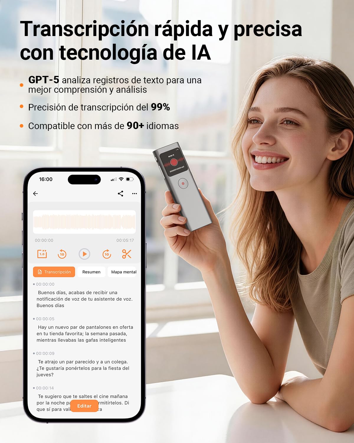 Grabadora de Voz IA con Transcribe y Resume con tecnología, 64 GB Voice Recorder Digital con Activada por Voz, Control de App, Reducción de Ruido Automática para Entrevista/Clase/Reunión
