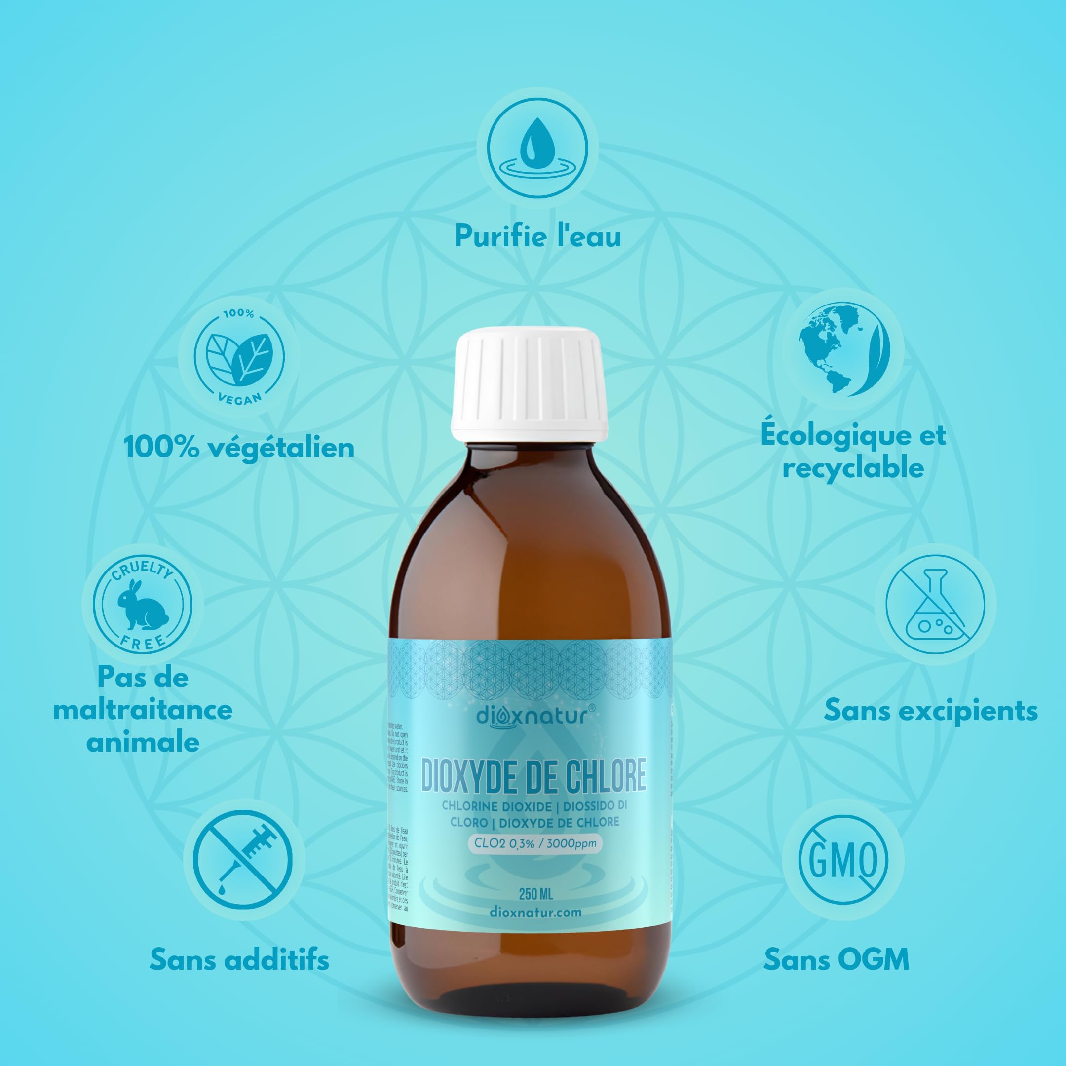 Dioxyde de chlore 3000 ppm CDS 250 ml. Seringue de 10 ml incluse. Étiquette FR. Bouteille en verre ambré avec compte-gouttes