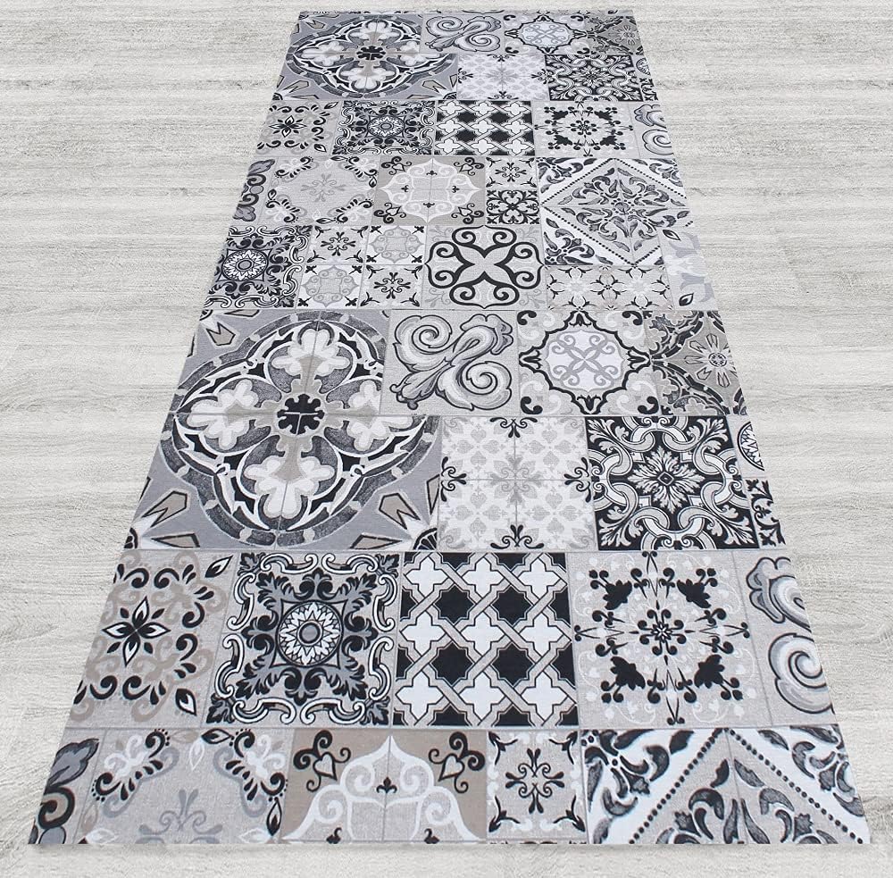 IlGruppone Tappeto Cucina Antiscivolo Made in Italy Passatoia Antimacchia Multiuso Corridoio Soggiorno Lavabile in Lavatrice - Mattonelle Grigio - 50x450 cm