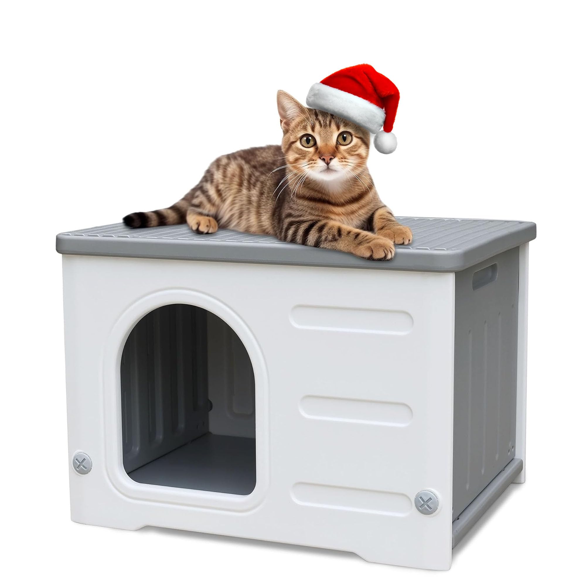 Plastic Cat House for Indoor & Outdoor Cats - Spacious, Sturdy Bed for Small Pets - Assemble Easily - Grey