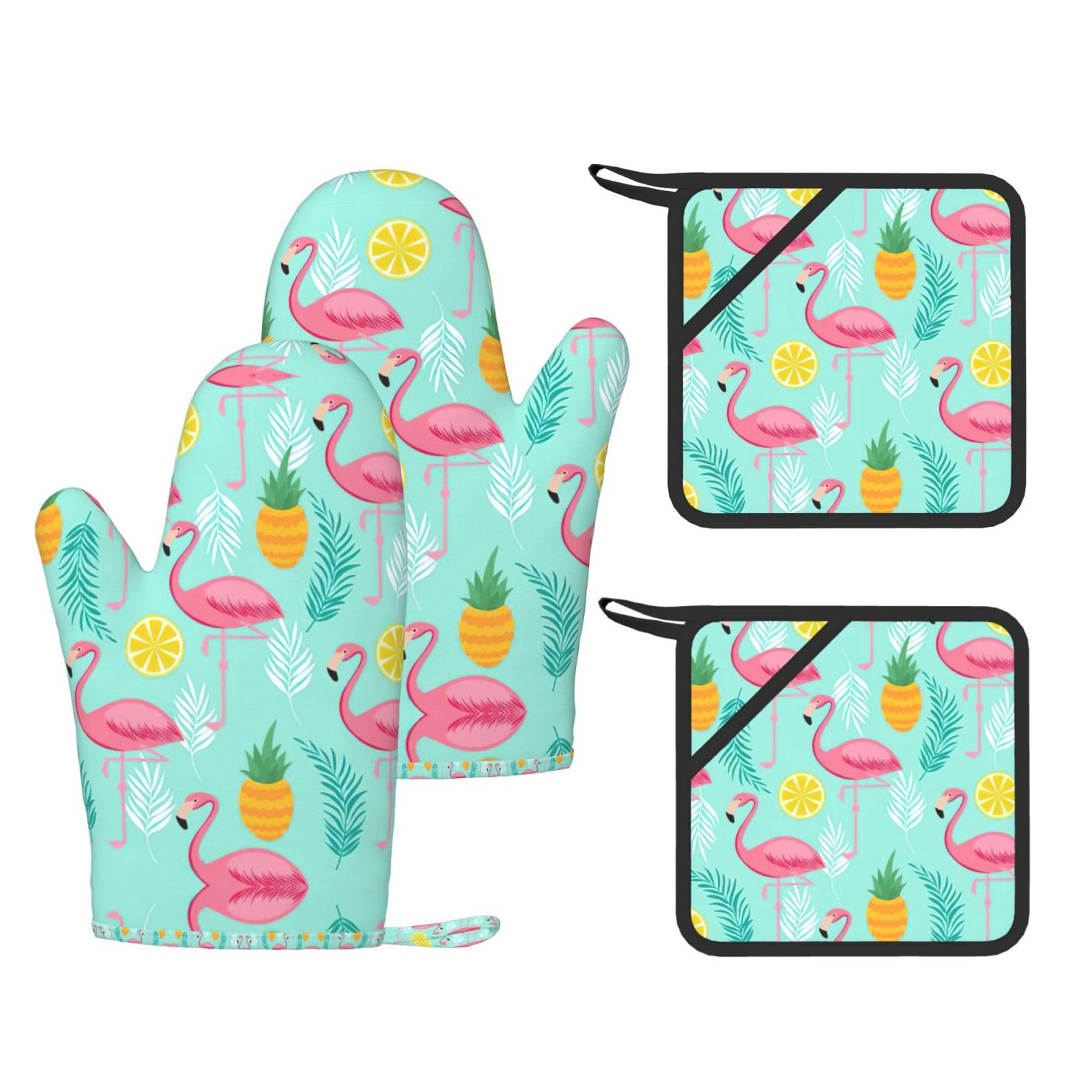 Pink Flamingo Printed Oven Mitts and Pot Holders Set of 4, Heat Resistant Silicone Gloves for Baking Grilling