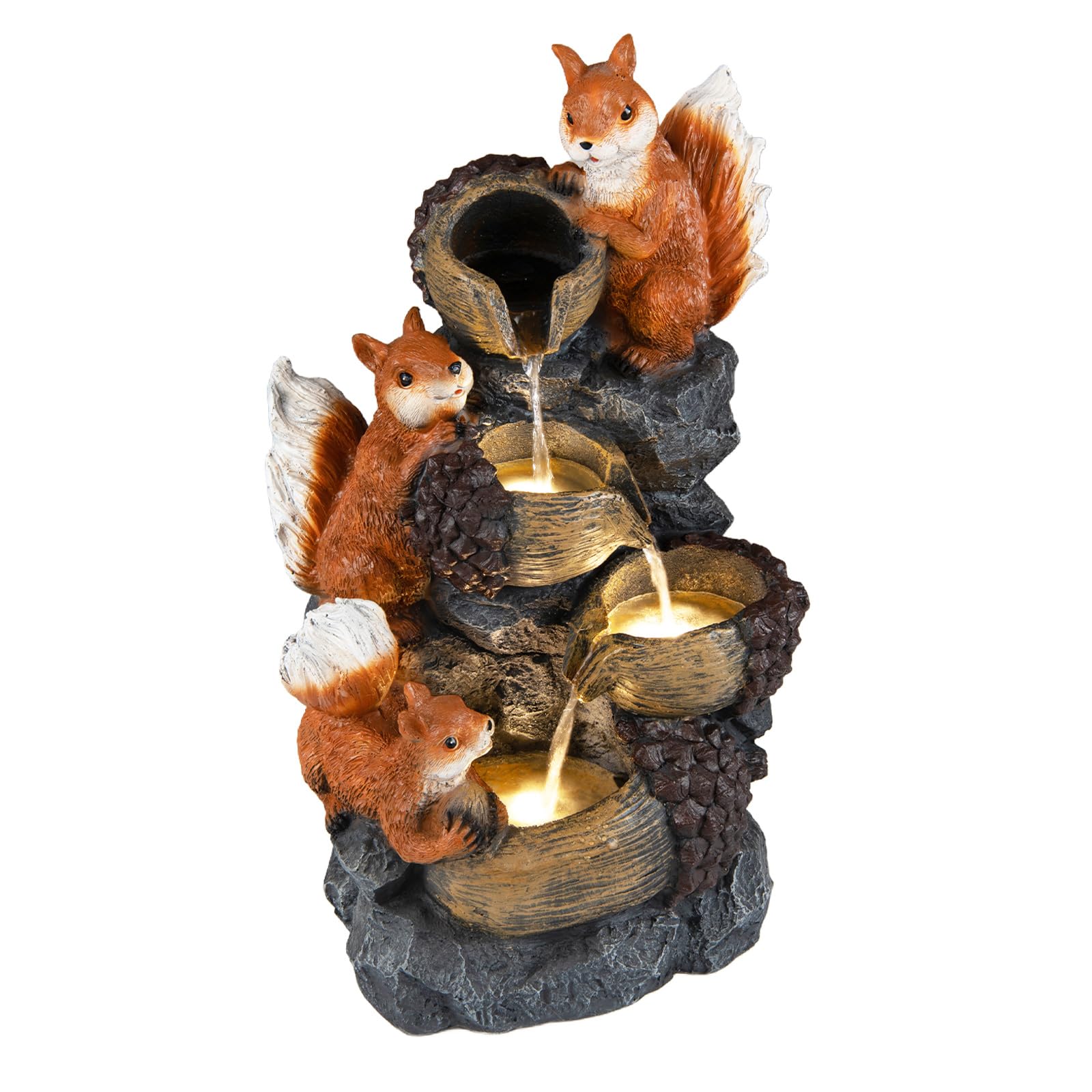 COSTWAY 4-Tier Outdoor Water Fountain, Cascading Waterfall Fountain with 3 LED Lights, Pump & Adjustable Flow, Freestanding Garden Water Feature for Patio Yard Home Decor (59cm, Squirrels Design)