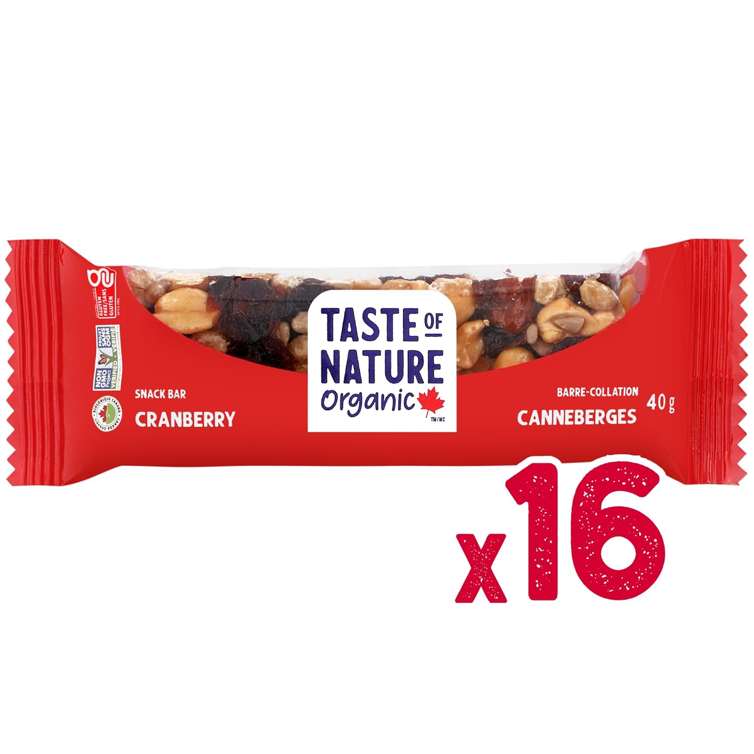 Taste of Nature Organic Cranberry Snack Bar - Healthy, Gluten Free, Non GMO, Vegan Snack Bars with Mixed Nuts, Fruits and Seeds - 16 Snack Pack x 40g Each Bar