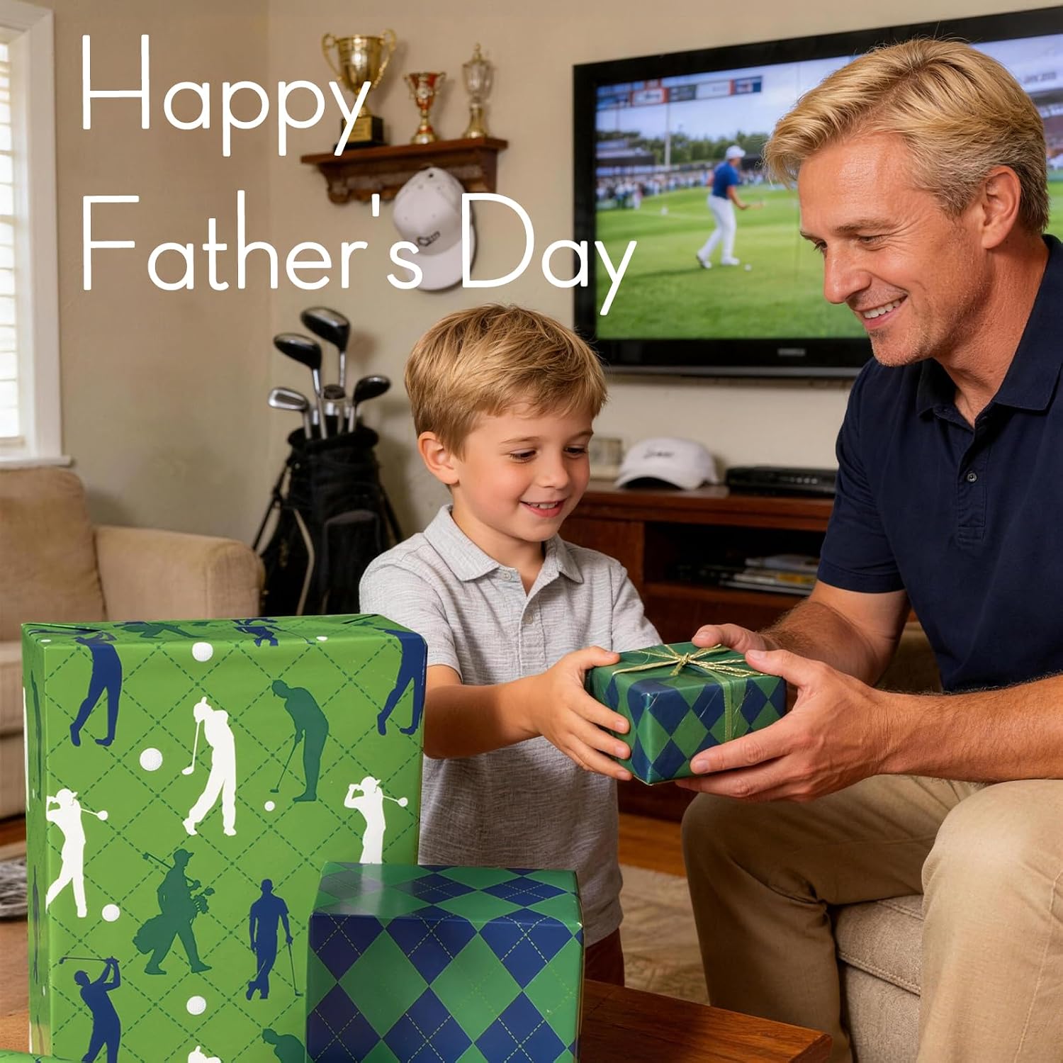 LaRibbons Golf Wrapping Paper Mini Roll, Reversible Green Golf and Plaid Design, Perfect for Men, Sports Party, Birthday, Father's Day, Team Celebration, 17" x 33' (46.7 sq. ft)