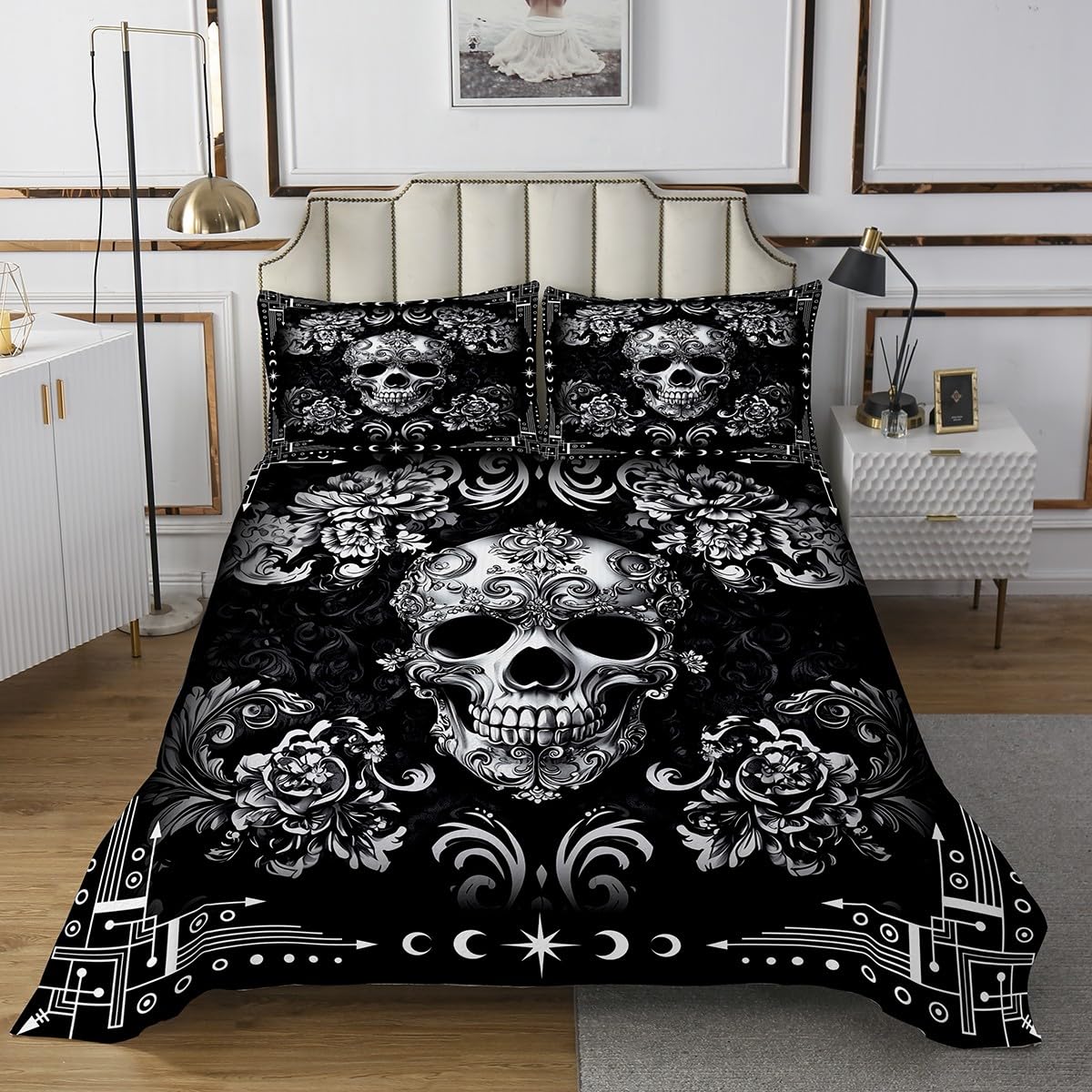 Castle Fairy Gothic Skull Bedspread Twin Size,Halloween Flower Skeleton Print Comforter Set for Kids Teens Bedroom Decor,Bohemian Victorian Style Retro Floral Bedding Set 2pcs,1 Pillowcase