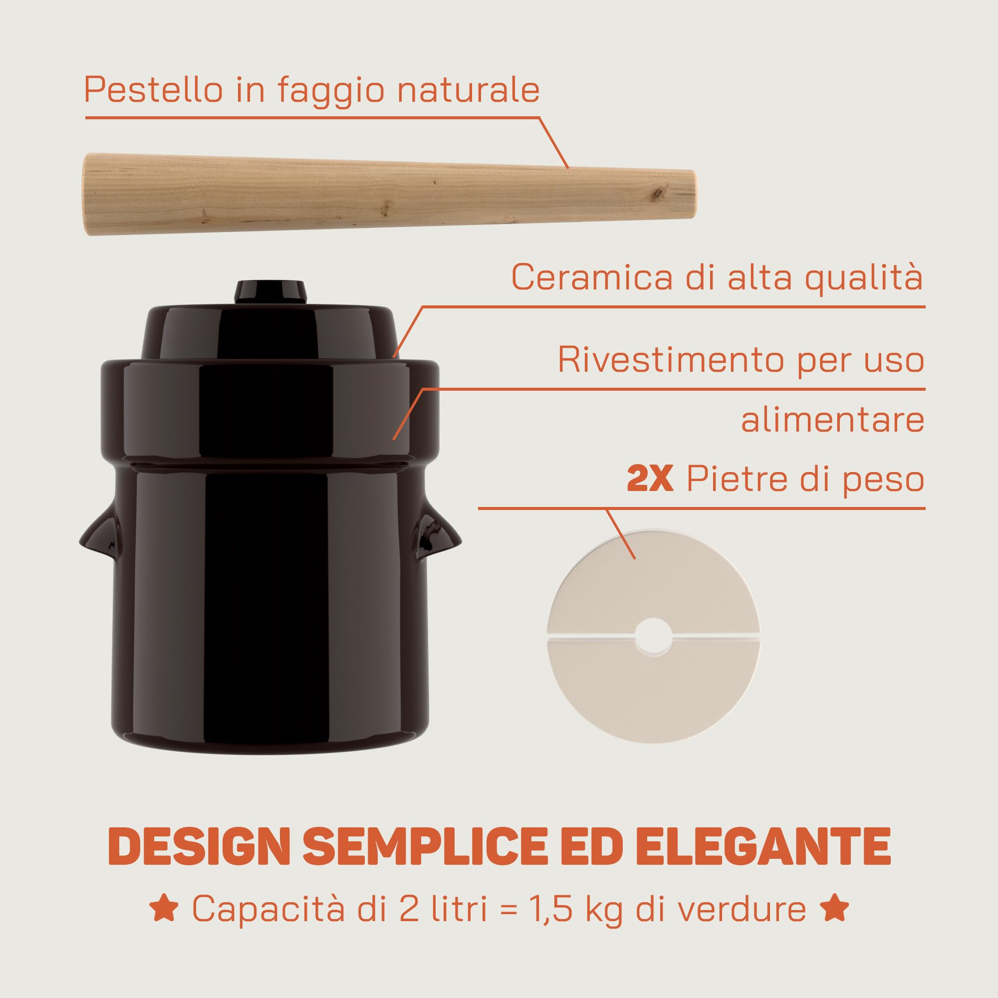 Kenley Barattolo per Fermentazione da 2 Litri - Vaso in Gres per Fermentare o Mettere in Salamoia Kimchi, Crauti, Sottaceti, Verdure, Kombucha - Fermentatore in Ceramica con Pesi, Coperchio e Pestello
