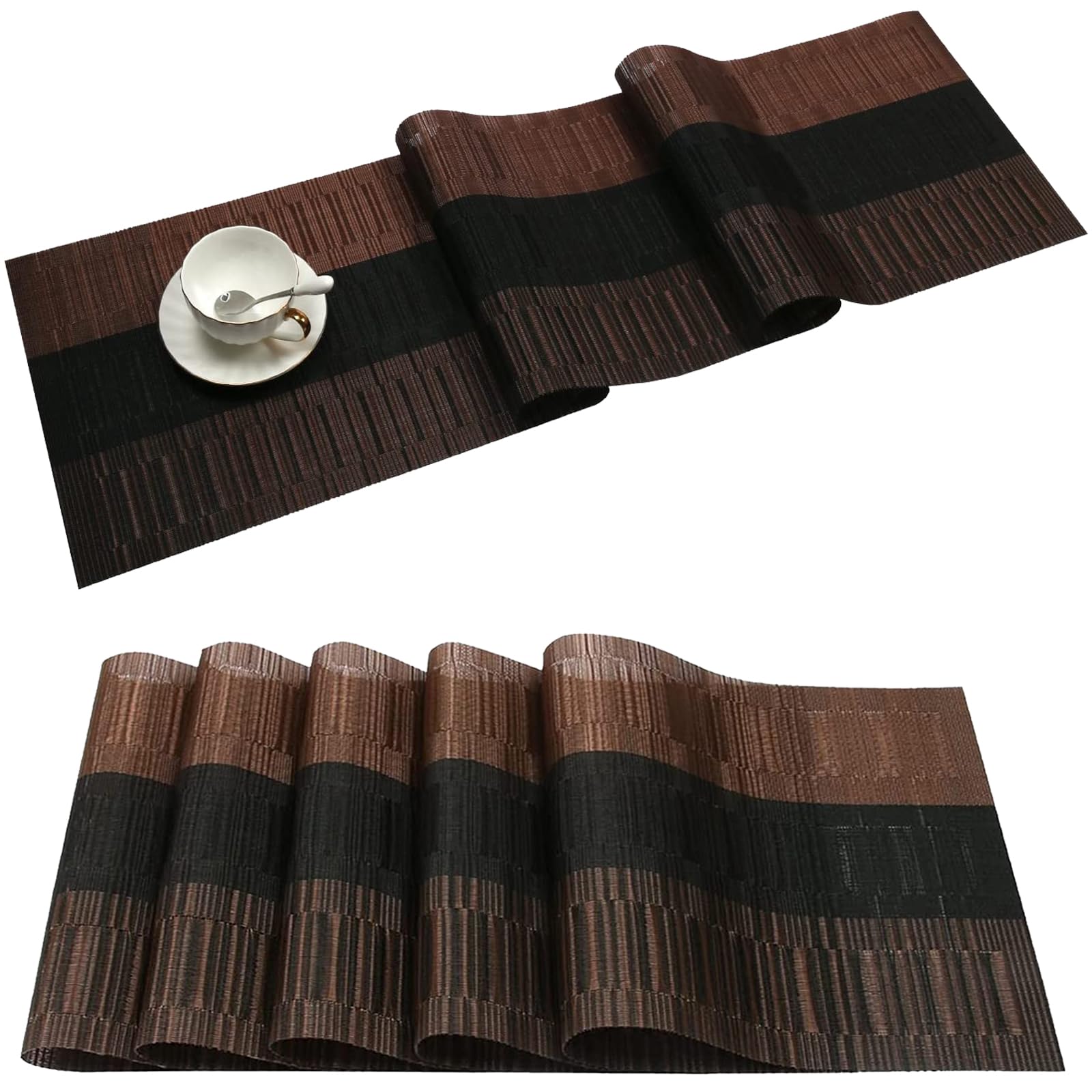 ADRIMER Tischsets Set mit Tischläufer, Küchentischmatte aus gewebtem Vinyl, abwischbare PVC-Tischmatte für Esstisch, Party, Bauernhaus, Thanksgiving, Weihnachten und Meeting (Braun)