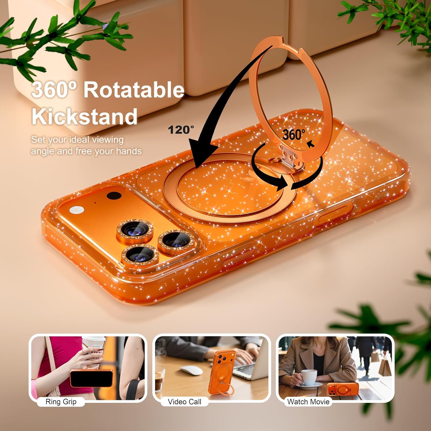 Compatible with iPhone 17 Pro Max Case with 360° Spin Magnetic Stand, Clear Glitter Military-Grade Phone Case for Women Girls [1x Screen Protector] [1x Camera Lens Protectors]-Cosmic Orange