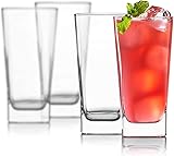 Highball Glasses [Set of 4] + 4 Stainless Steel Straws, 16 oz Lead-Free Crystal Clear Glass, Elegant Drinking Cups for Water, Wine, Beer, Cocktails and Mixed Drinks - Round Top, Square Bottom