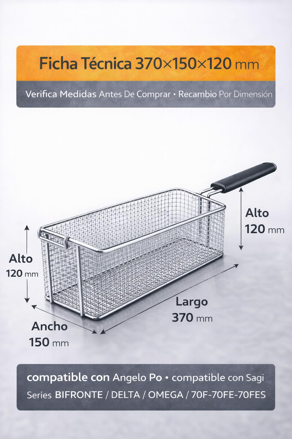 RO Linea Blanca ® Cesta Freidora Inox 370x150x120mm Malla Reforzada Mango Aislante Gancho Escurrido Repuesto Hosteleria Compatible con Angelo Po Compatible con Sagi