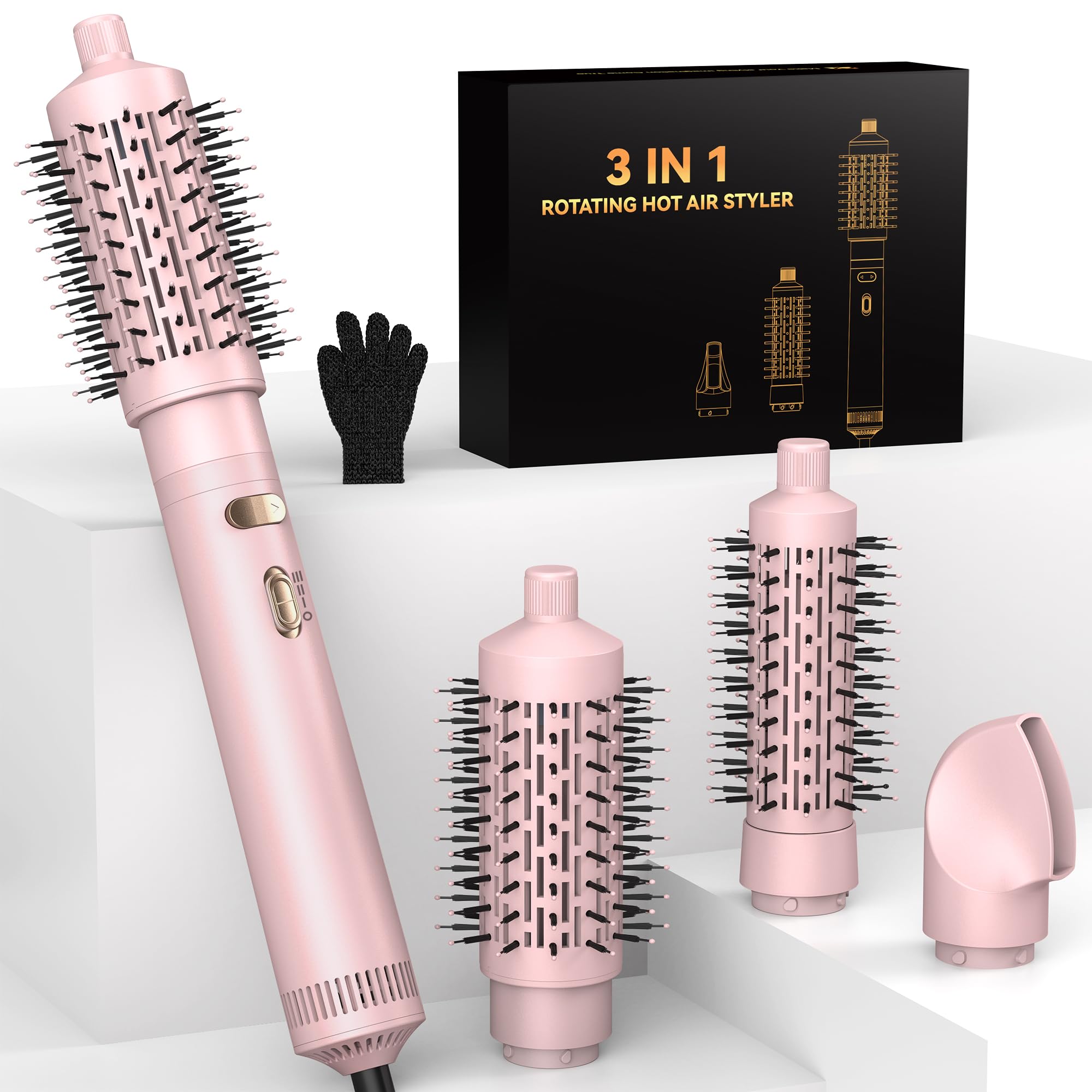 Rotating Hair Dryer Brush Spinning,Negative Ionic Brush Blow Dryer with Detachable Brush(2" & 1.5"),3 Heats and 2 Speeds Rotating Hot Air Brush for Curling,Straight,Drying(100-120V)