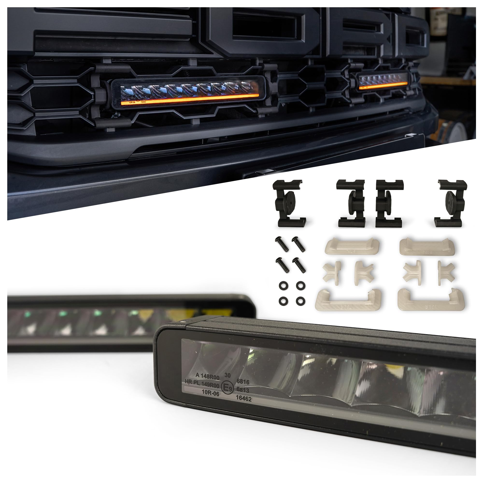 CHROMEMASTER | Luces LED en la Parrilla del Vehículo Compatibles con Ford Ranger Raptor 2022+ ; 2x Luces Diurnas LED BAR BLACK SERIES 11,2" IP69K, Homologación E, 12–24V; 3 Modos de Iluminación