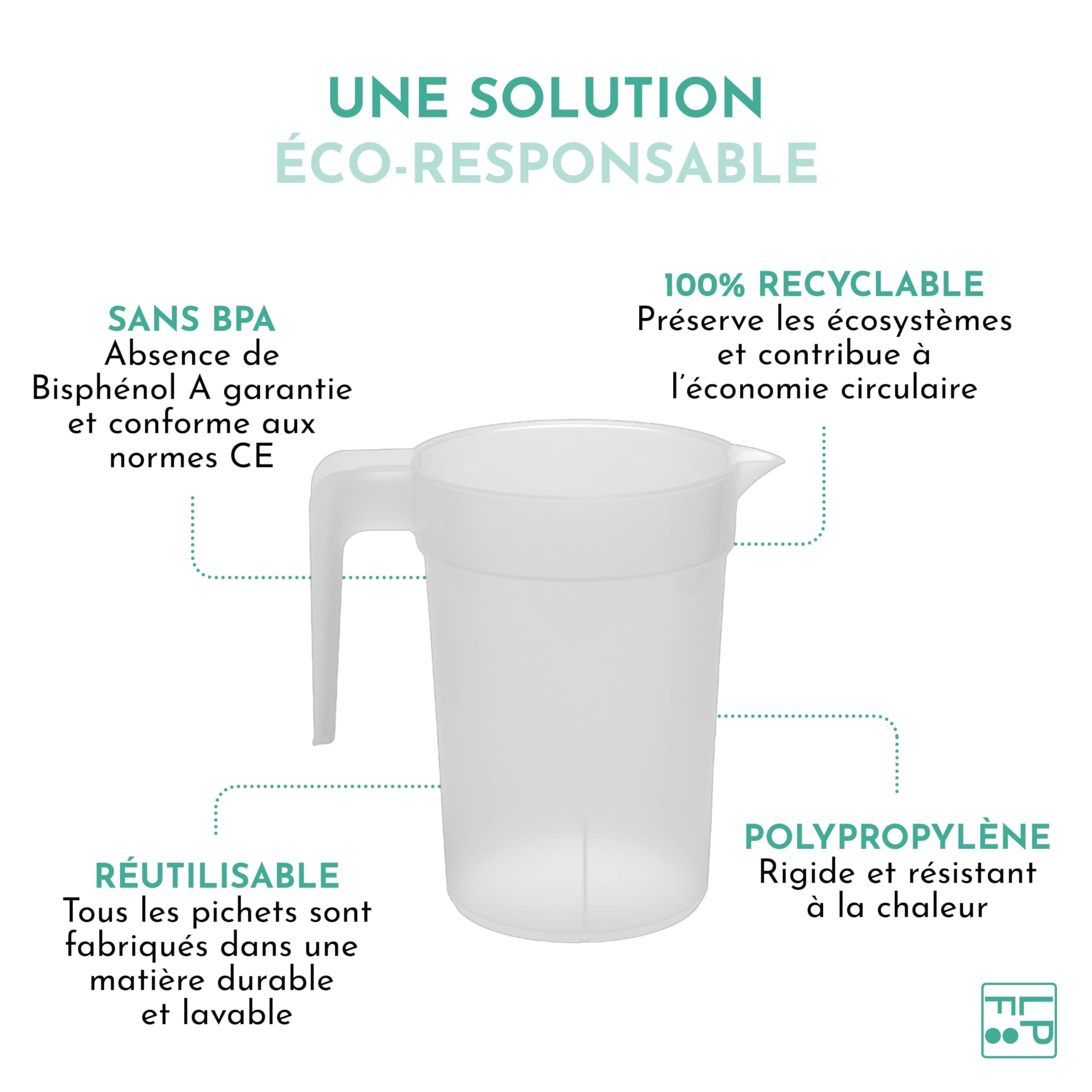 LPF LE PETIT FOURNISSEUR - Lot de 20 Pichets réutilisables 1 Litre - Polypropylène plastique alimentaire rigide (PP) - Carafe à eau, thé glacé, boissons - Compatible lave-vaisselle - Transparent Givré