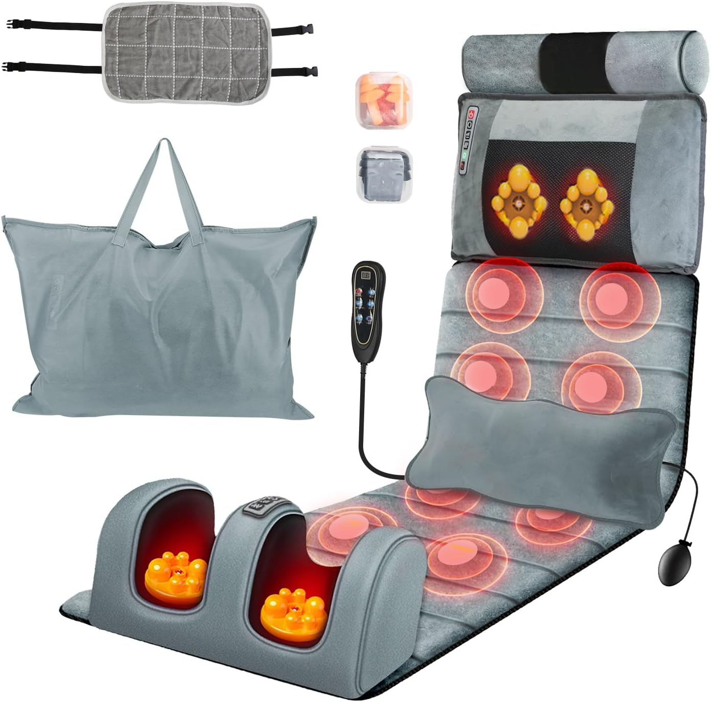 Full Body Massage Mat with Heat Massage Heating Pad Electric Vibration Massage Pad Cushion Massage Mattress Heated Chair Pad with Timer Anti-Slip Bottom Earplugs for Back Neck Foot Kneading Grey1 54.72*19.3