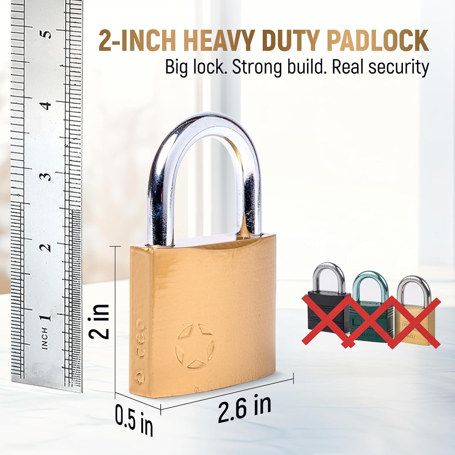 Keyed Padlock – Lock with 10 Keys – Large 2 Inch Size - Weatherproof Outdoor Solid Brass Lock with Hardened Steel Shackle for Gym & School Locker, Gate, Fence, Toolbox, Storage Unit & Shed (1 Lock)