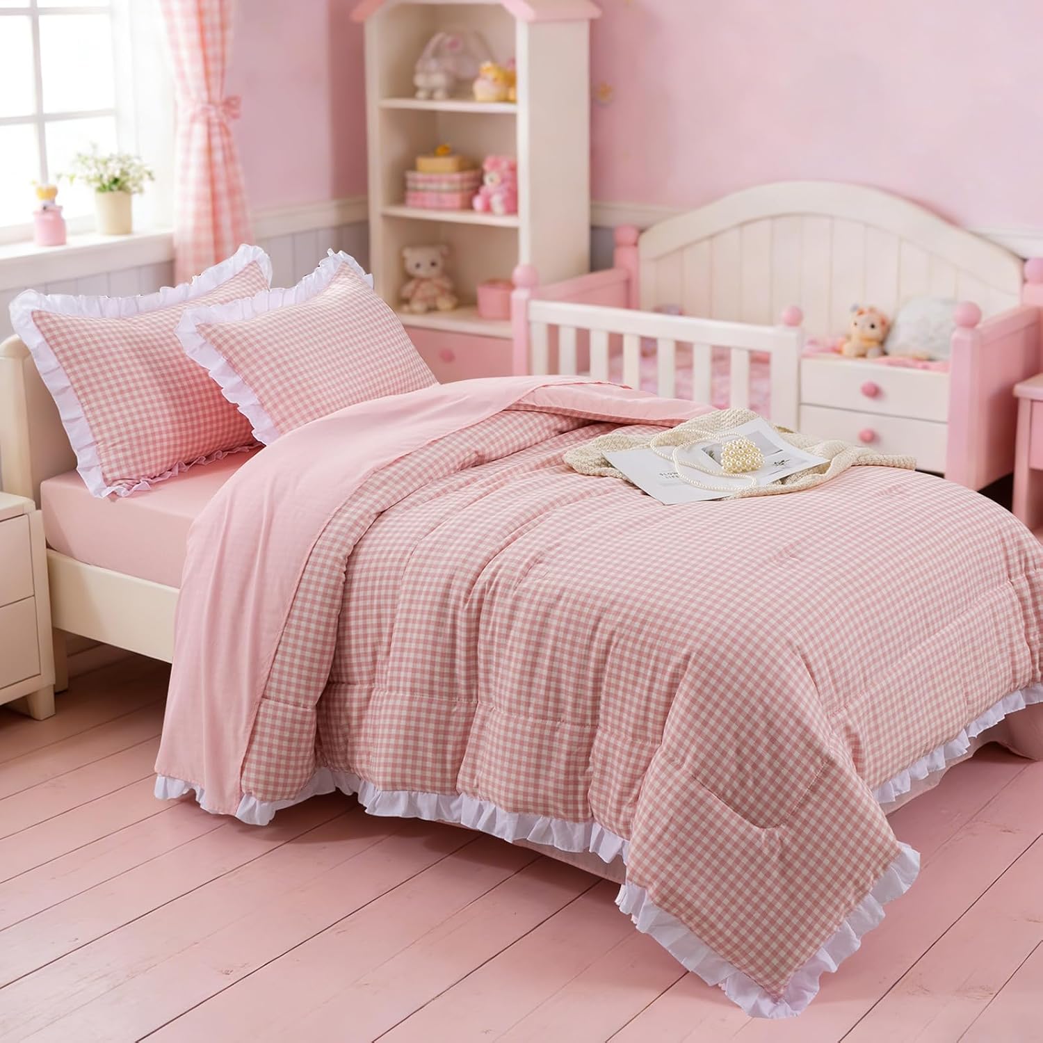 Meeting Story Pink Farmhouse Gingham Ruffle Comforter Set, Twin Washable Girls Checked Plaid Bedding(Pink,Twin)
