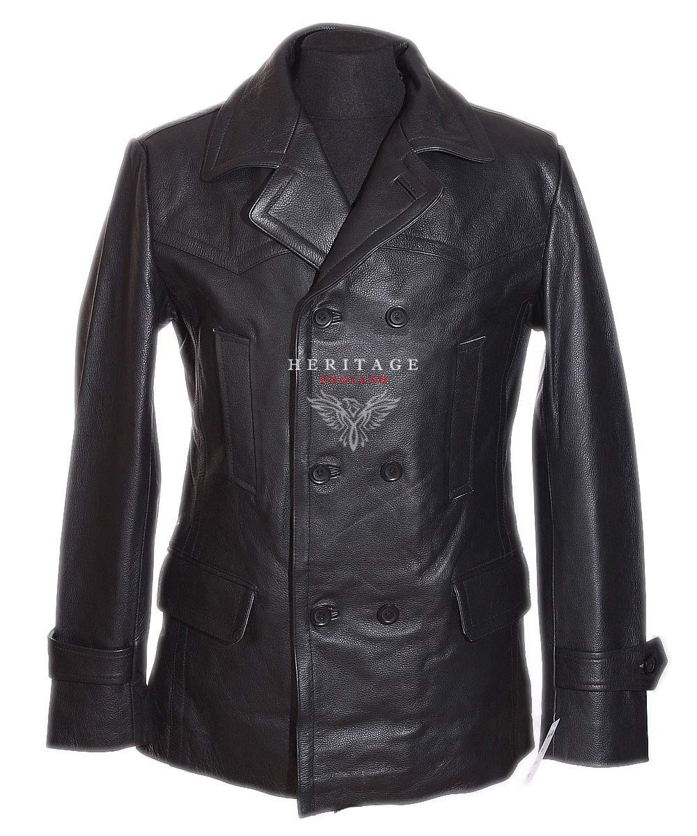 H.e Men's Black Kriegsmarine German Reefer Ww2 Cowhide Leather Deck Jacket Pea Coat (Xl)