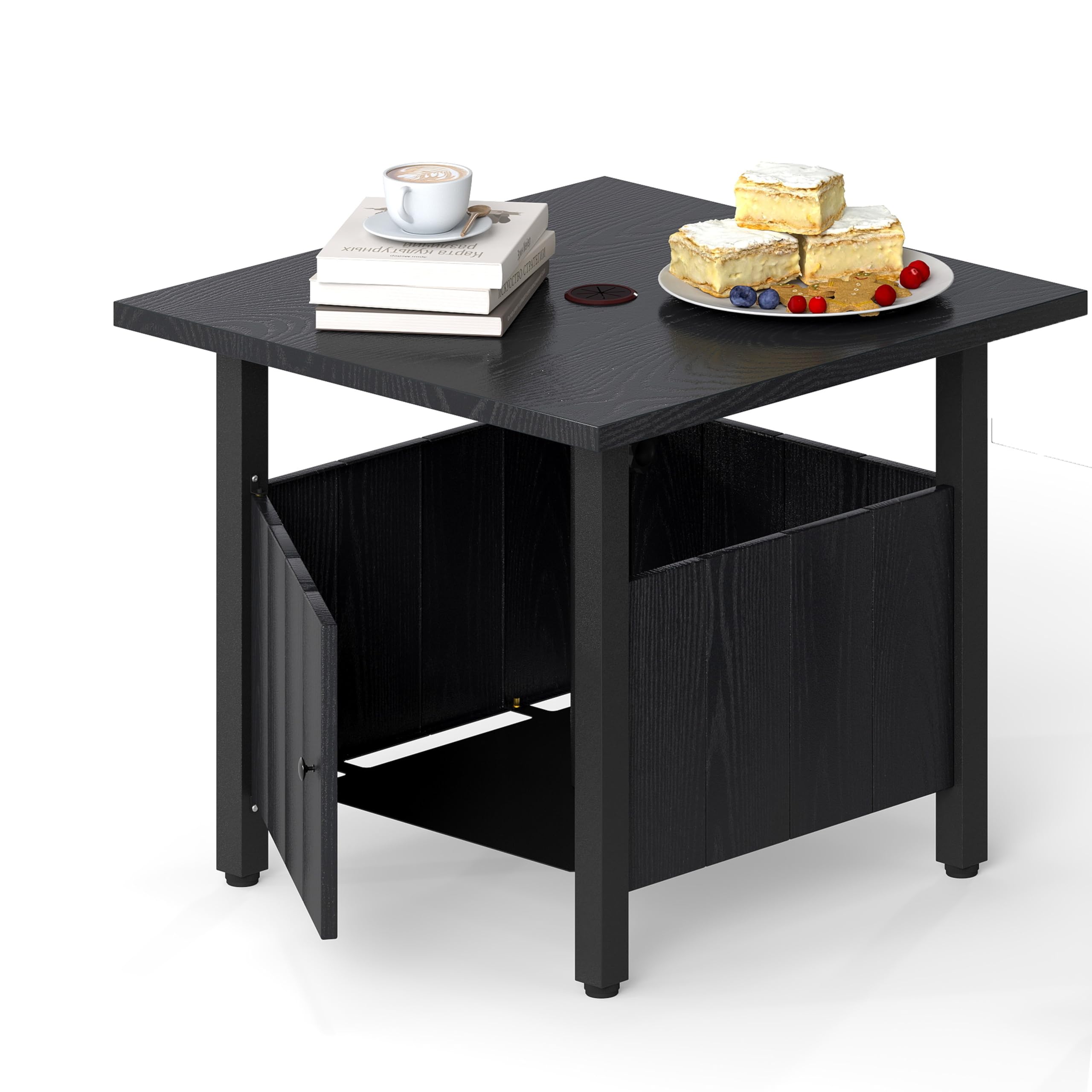 KOMFOTTEU Mesa de Jardín con Orificio para Sombrilla de Ø48 mm, Mesa de Café Rectangular con 2 Bolsas de Arena, Mesita Auxiliar Baja con Patas Ajustables, para Balcón, Patio, Negro